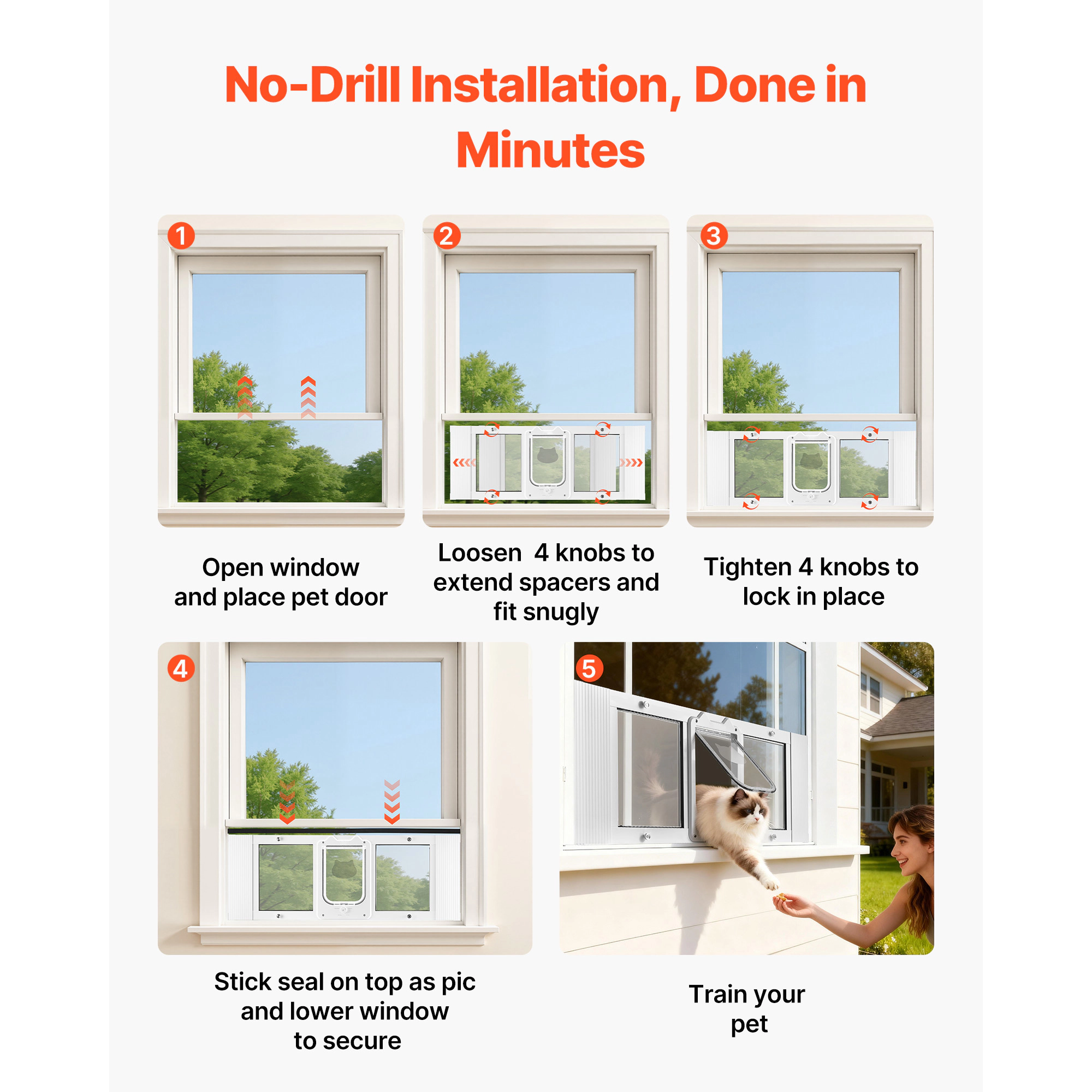 HONGGE Cat Door for Window, Adjustable 35-40 in Width, 4-Way Lock Aluminum Frame with Magnetic Closure, White
