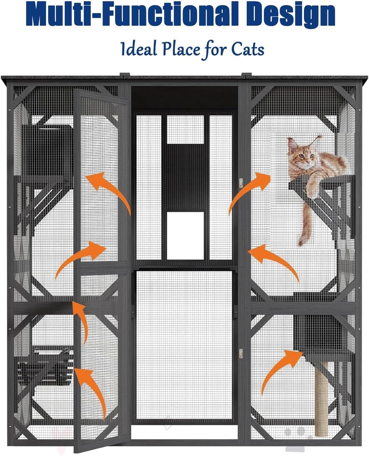 173x92.4x177cm Large Outdoor Wooden Catio Enclosure, Walk-In Cat Cage with Platforms, Gray