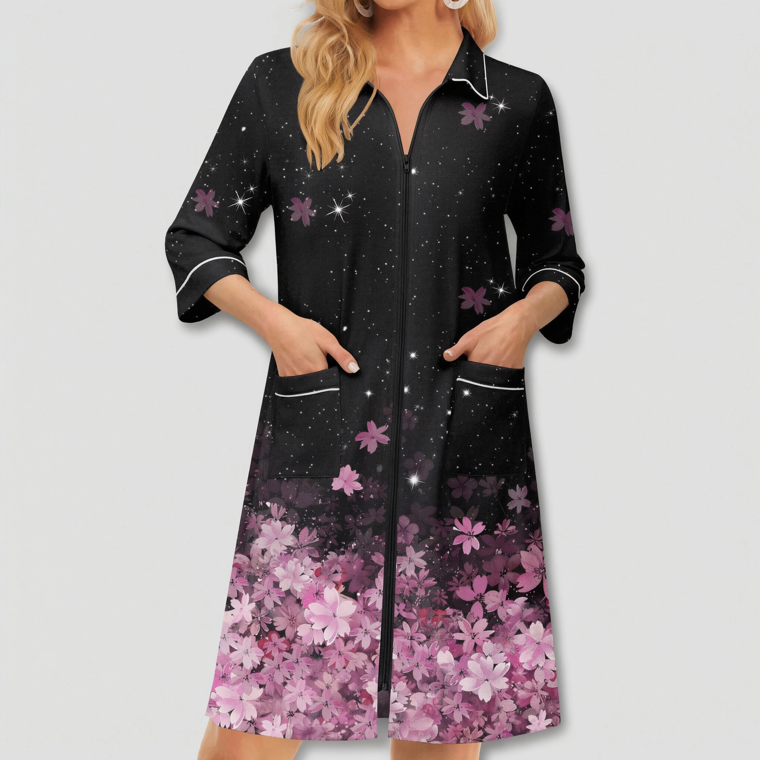 Ekouaer Zipper Robes for Women Three Quarter Sleeve Housecoats Knee Length Bathrobe Nightgown
