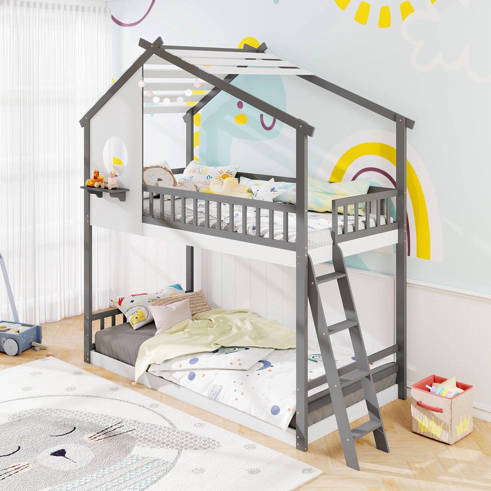 SUGIFT Gray and White Roof Window and Guardrails Twin Over Twin Kids House Bunk Bed
