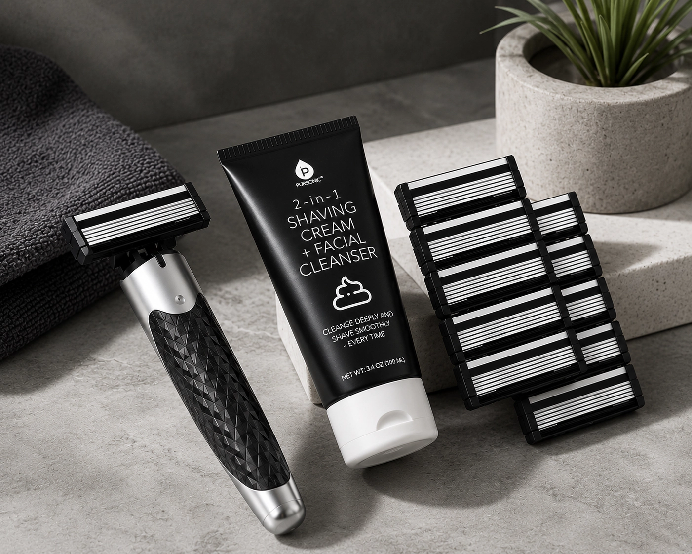 Pursonic Men’s Premium Shaving Kit: Alloy Metal Handle with Complete Grooming Essentials for a Superior Shave