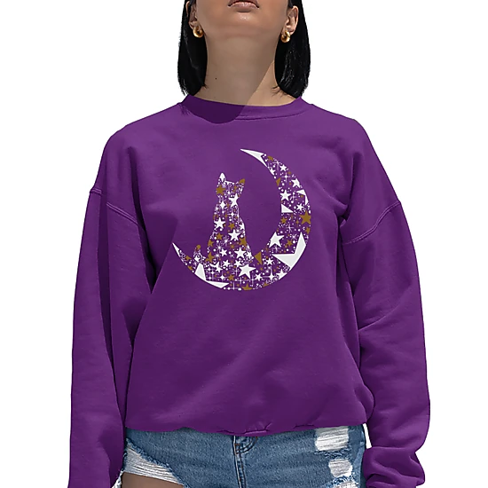 LA Pop Art Cat Sitting On Moon - Women's Word Art Crewneck Sweatshirt