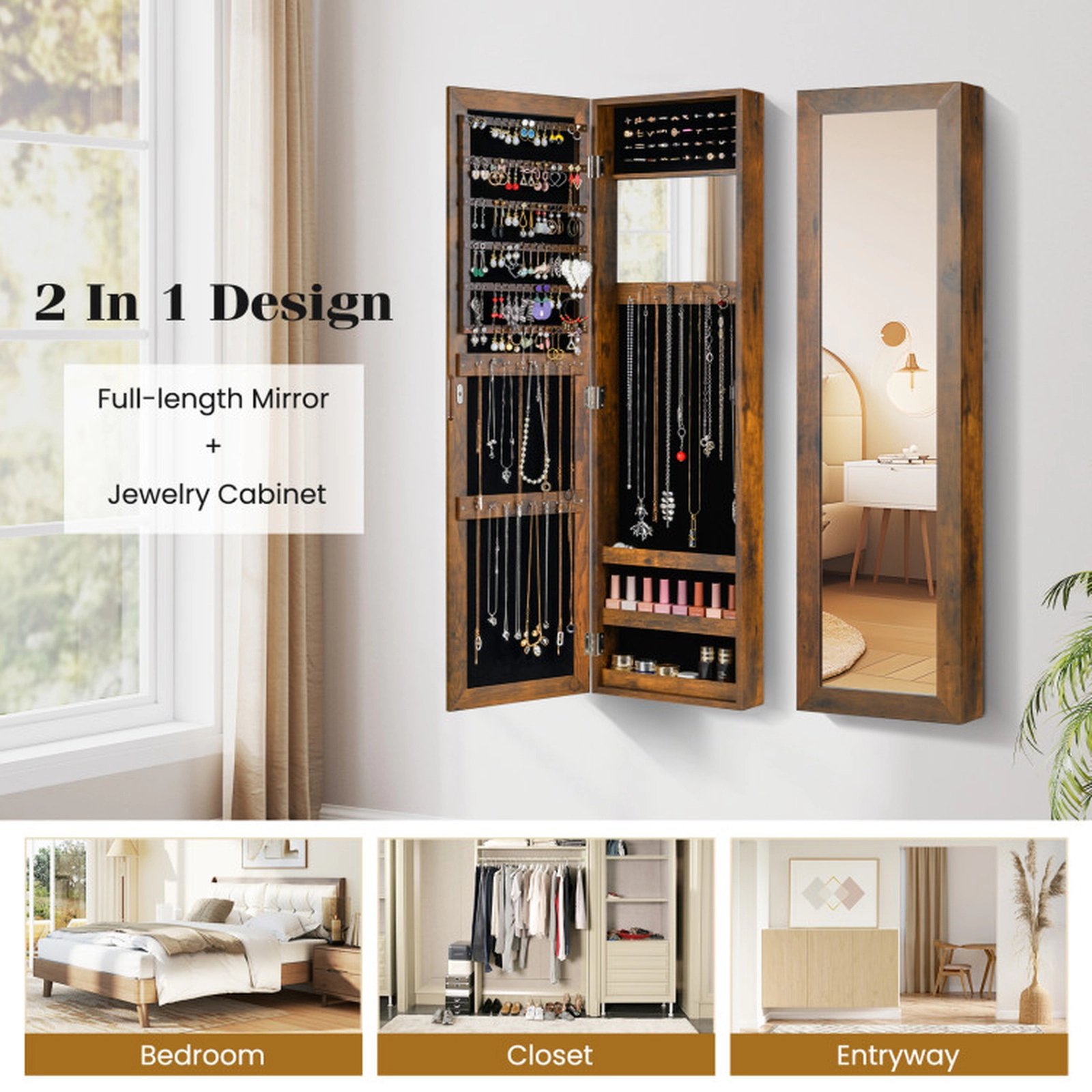 SUGIFT Over Door Mount Full-Length Mirror Jewelry Cabinet Armoire 12.5-in x 3.7-in x 43.5-in 25 Hooks Rustic Brown