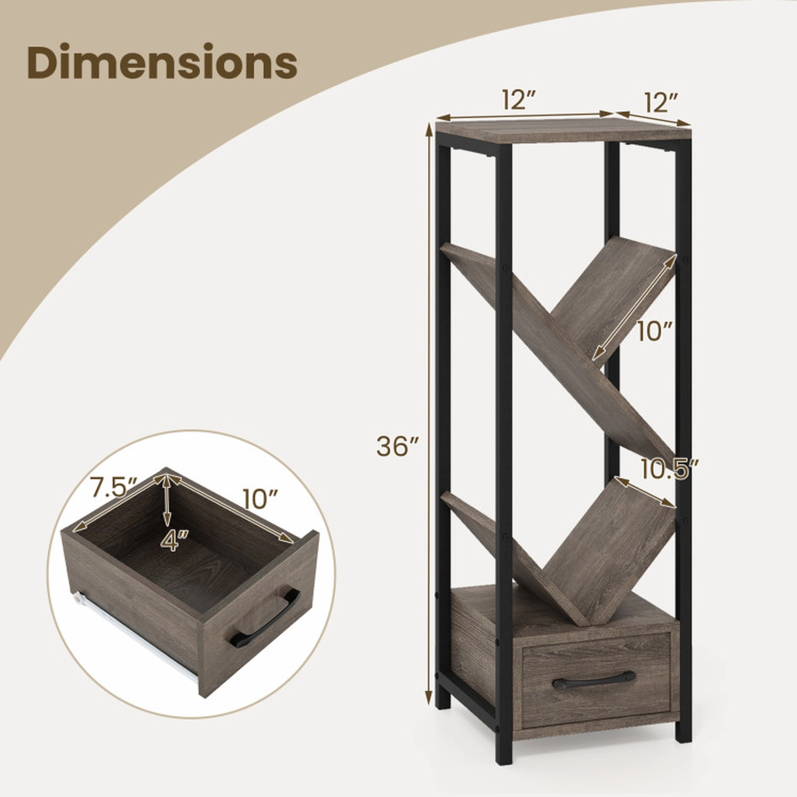 SUGIFT 4 Tier Floor Tree Bookshelf with Drawer and Metal Frame 36-in Tall 33-lb Per Shelf Capacity Gray & Black