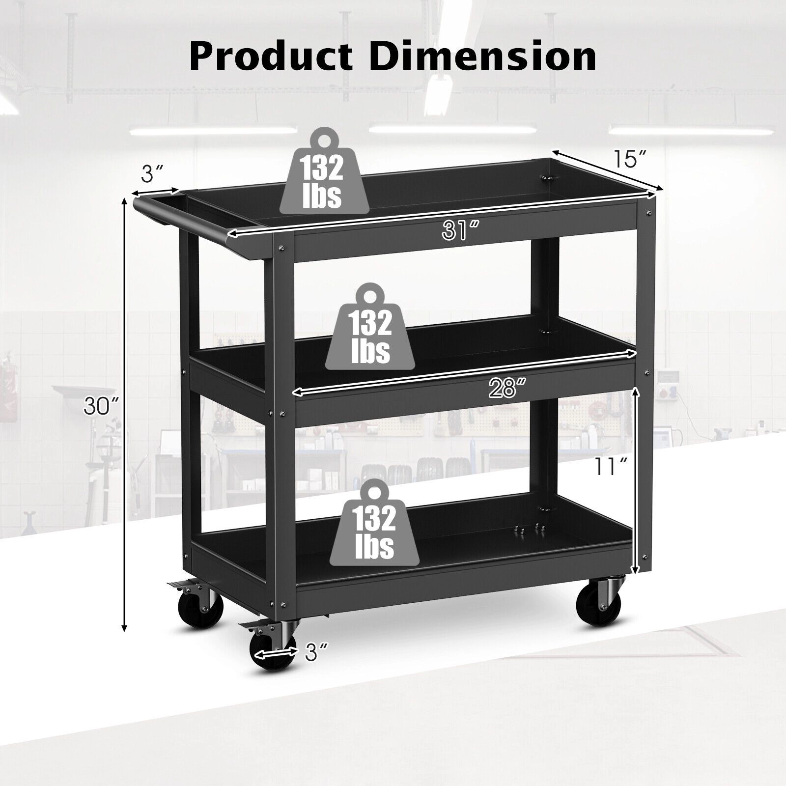 SlickBlue 3-Tier Utility Cart with Locking Wheels and Large Storage Shelves