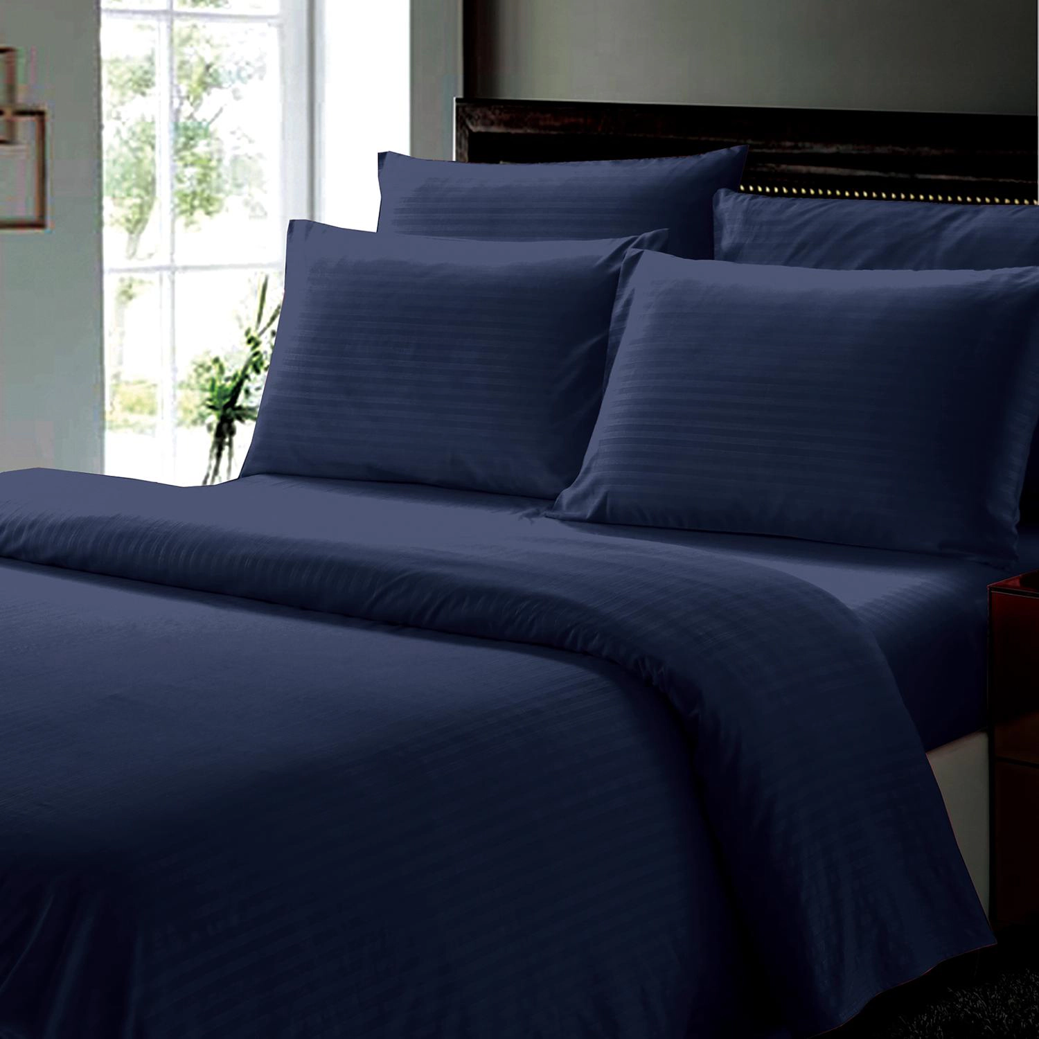 Plazatex Dobby Stripe Luxurious Ultra Soft Moisture Wicking Solid Color 6 Pieces Sheet Set Queen Navy