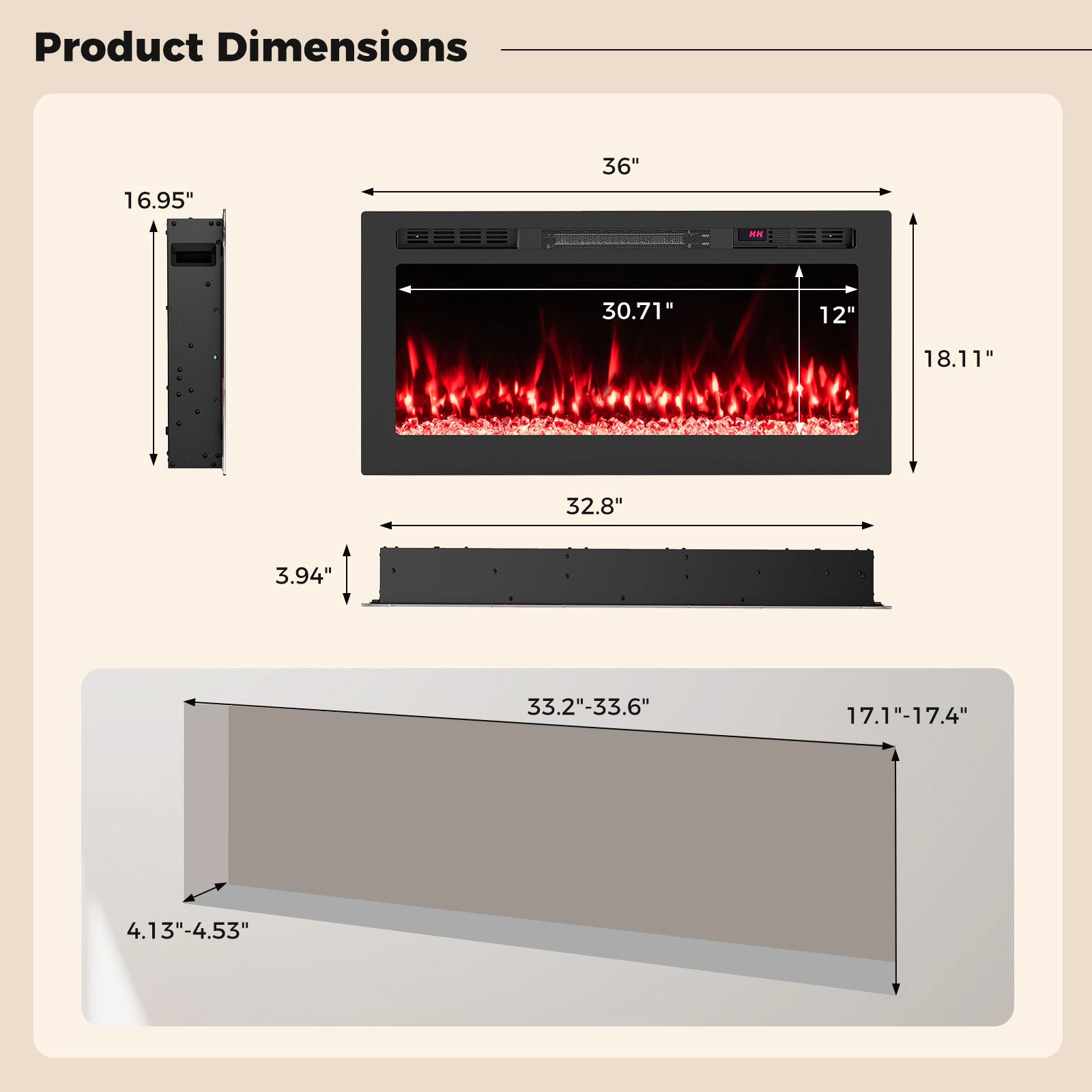SlickBlue Smart Electric Fireplace Insert, Recessed Wall Mounted Heater