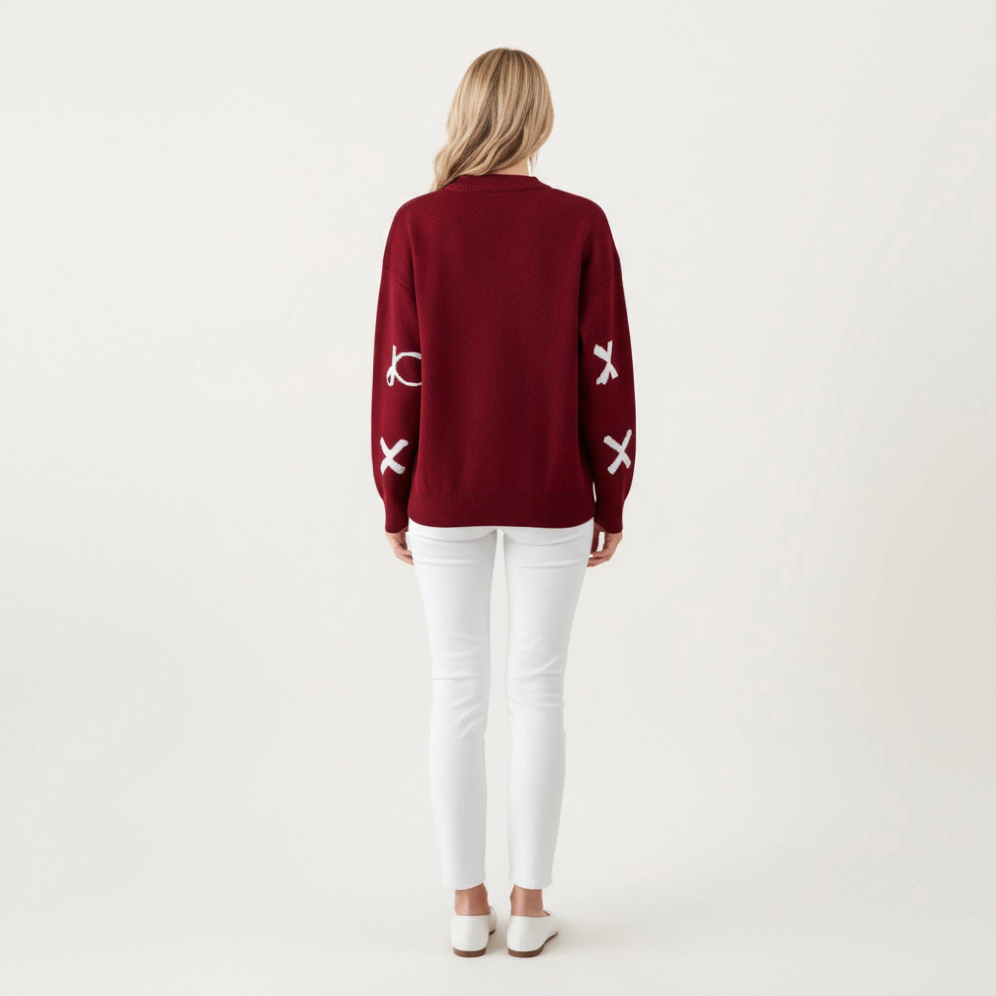 Anna-Kaci Women's Long Sleeve Knit Sweater with Allover Bow Pattern Ribbed Trim