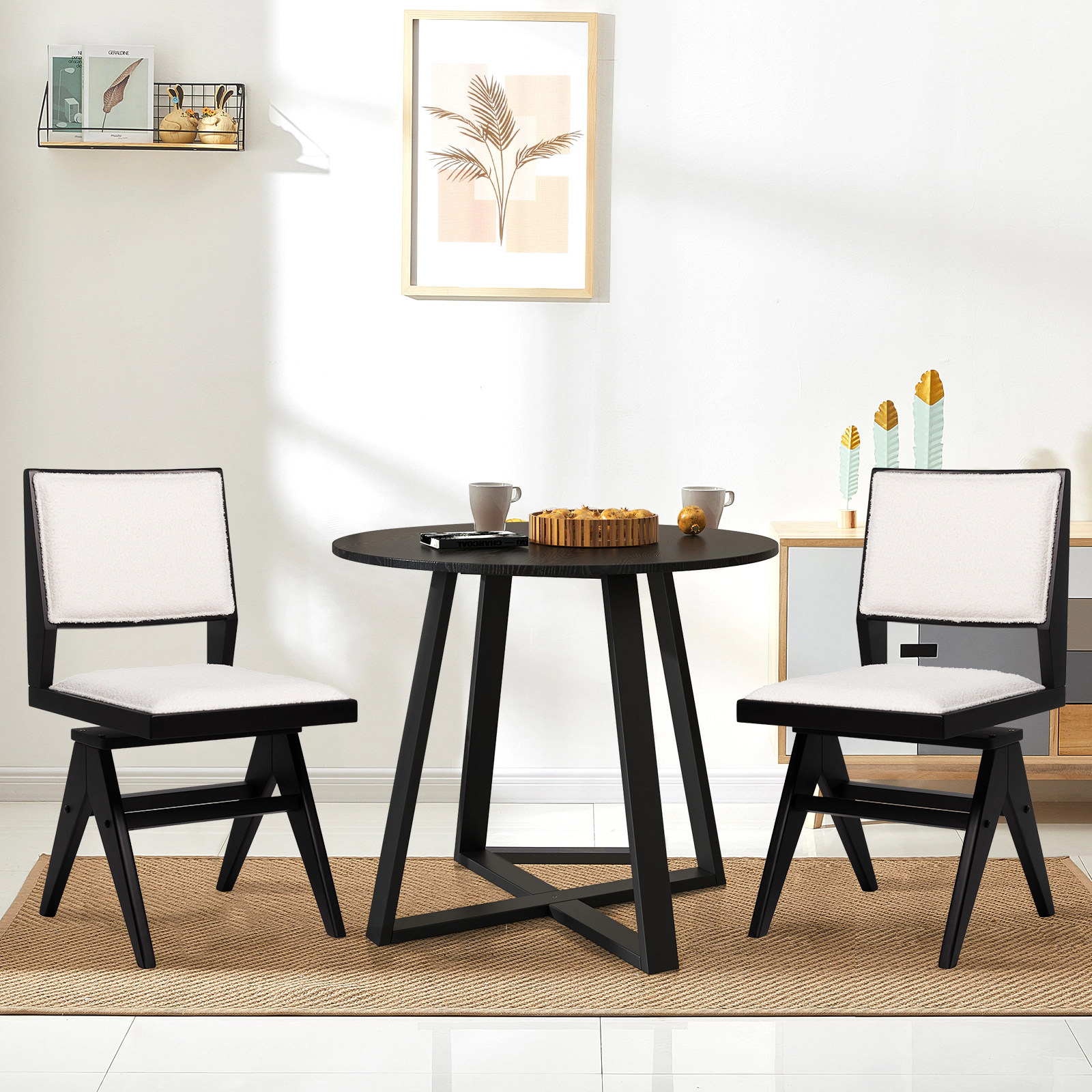 LJG Swivel Wooden Dining Chair Set of 2 with Rubber Wood Frame and Padded Seat