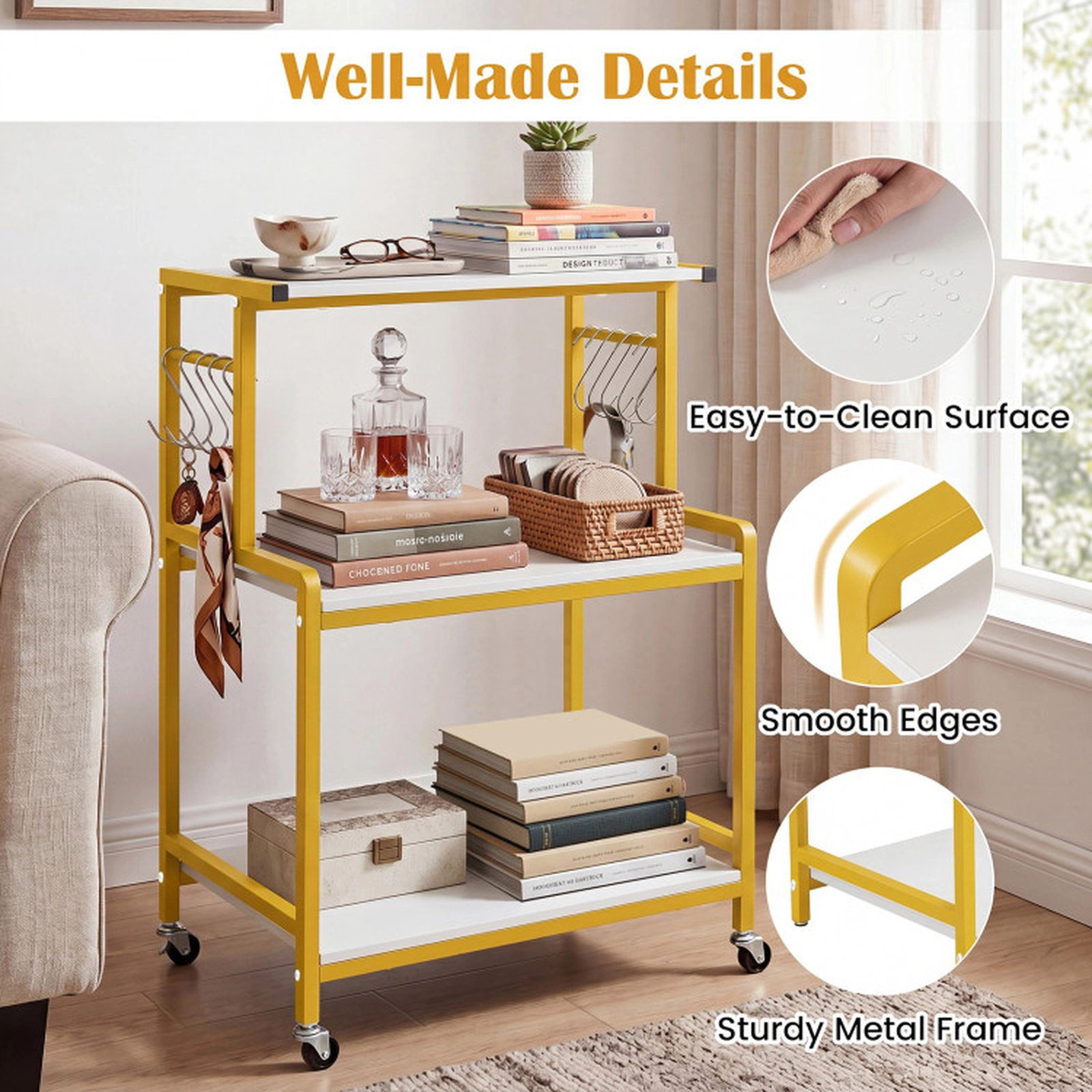 SUGIFT 3-Tier Rolling Microwave Cart with Power Outlet Lockable Wheels and 10 Hooks 286-lb Capacity White & Gold
