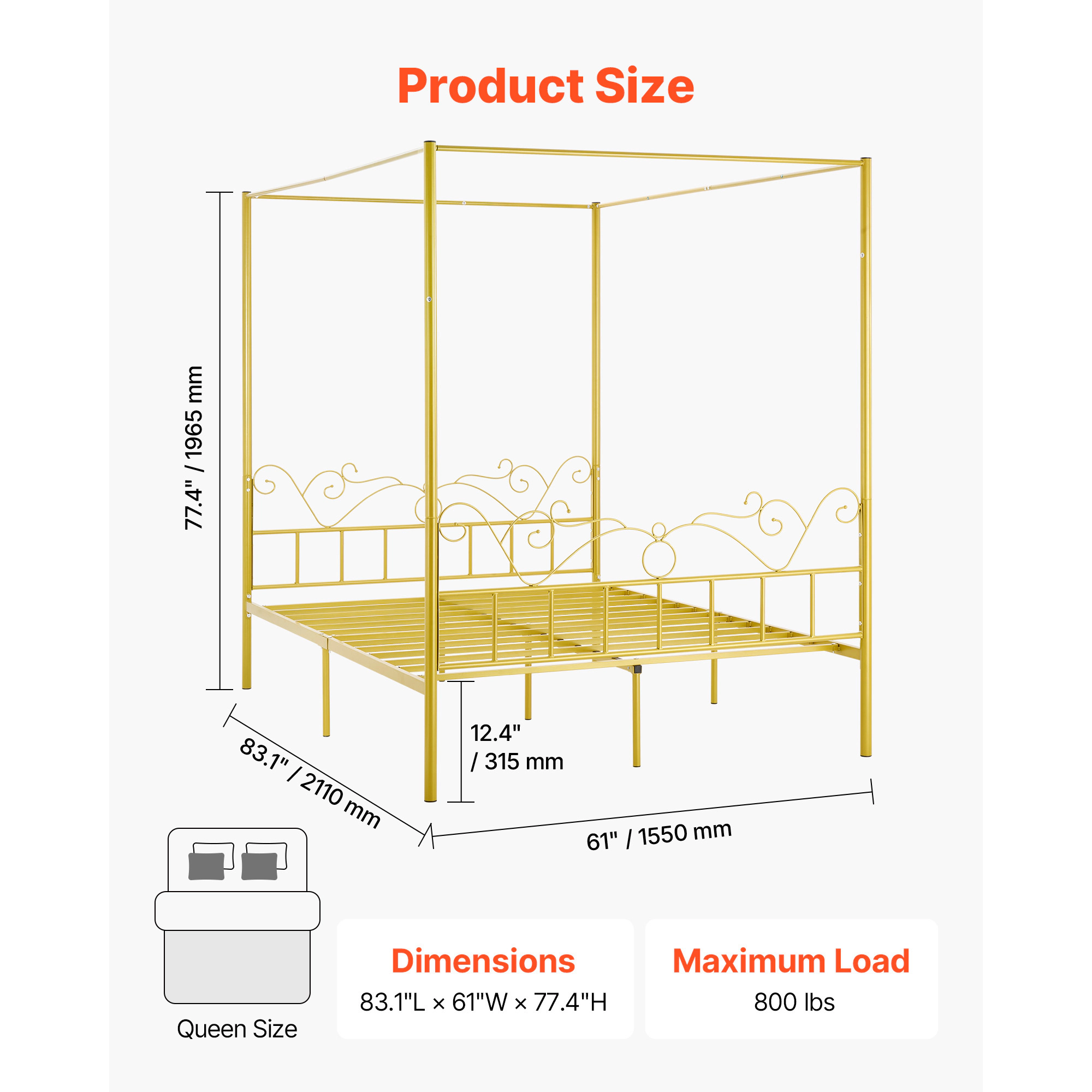 HONGGE Canopy Bed Frame Metal with Minimalist Headboard & Four Posters Design Heavy Duty Steel Slats Support