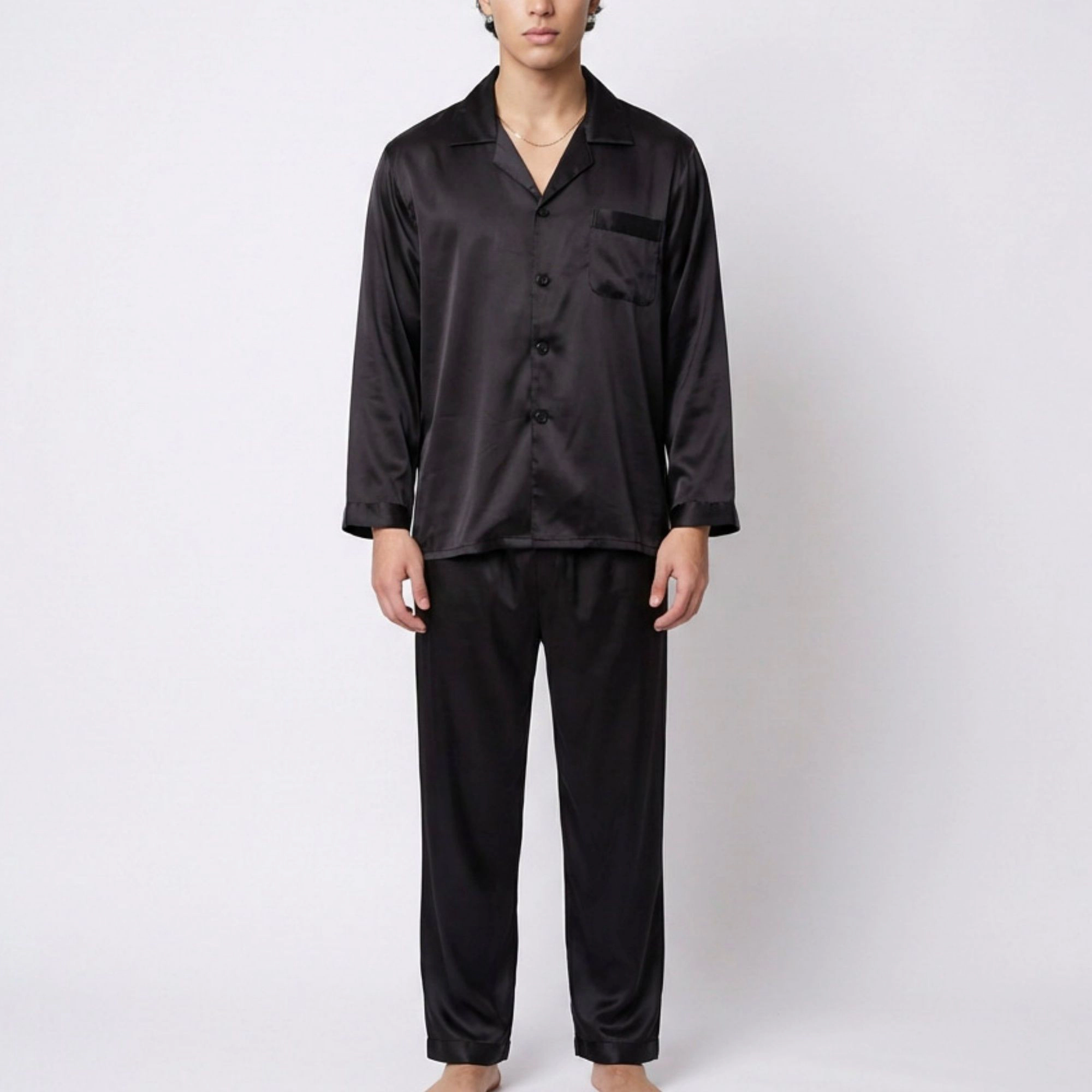 Anna-Kaci Men's 2-Piece Satin Pajamas with Contrast Piping and Button Up Top