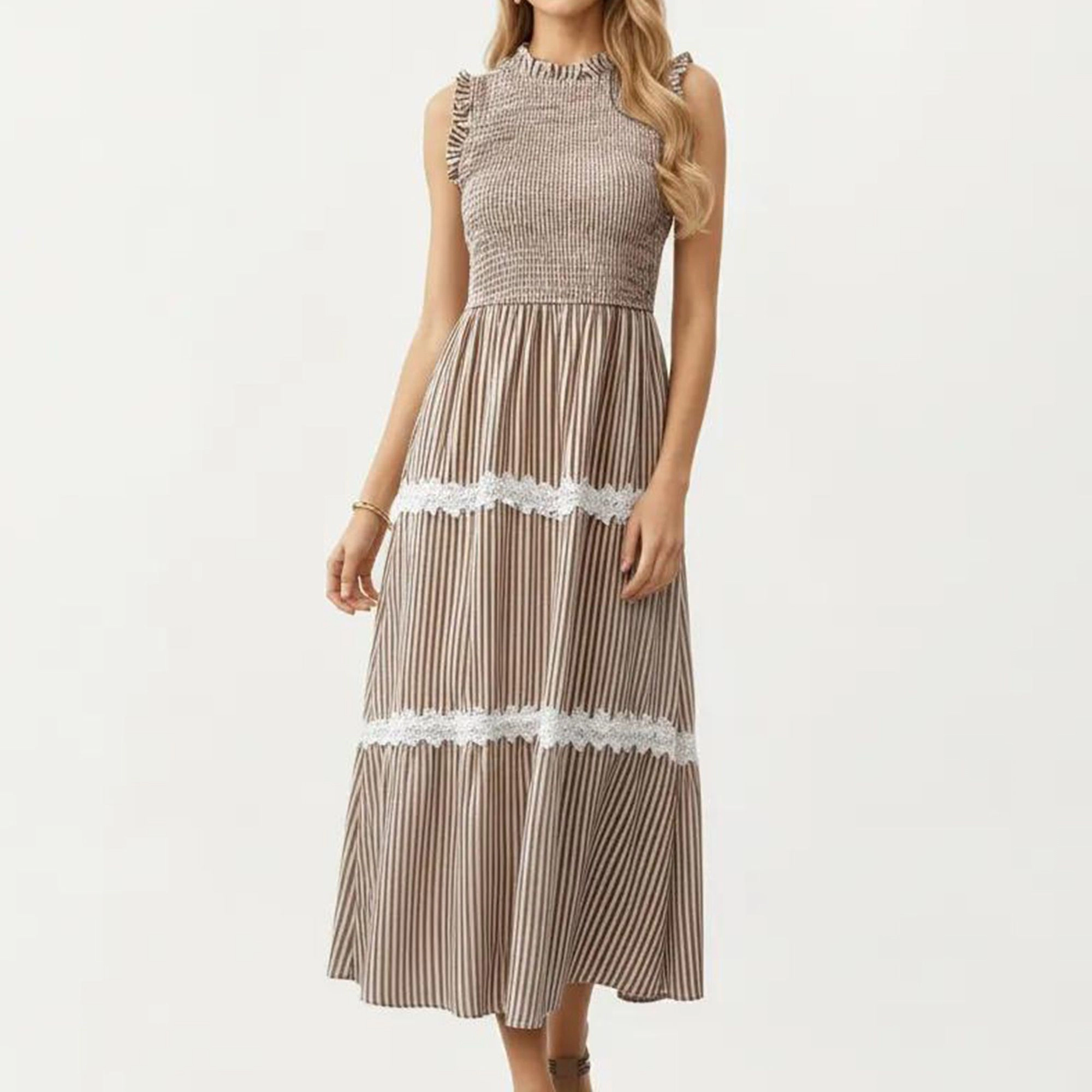 Anna-Kaci Womens Sleeveless Smocked Midi Dress with Lace Trim