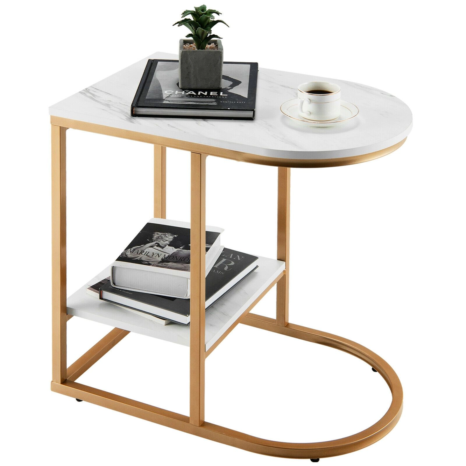 SlickBlue C Shape Side Table with Marble Top and Storage Shelf