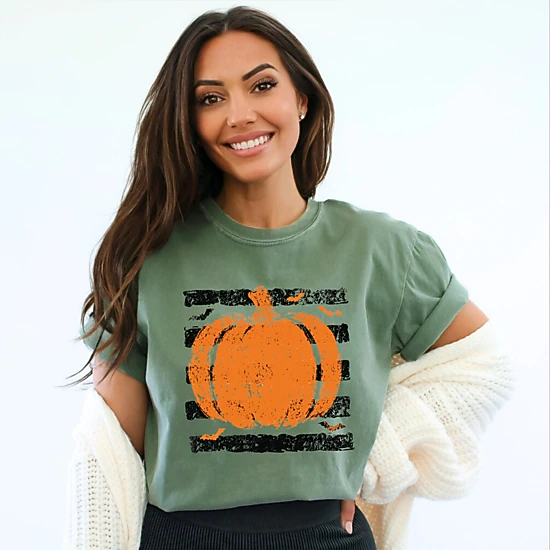 Simply Sage Market - Women's Garment Dyed Graphic T-Shirt - Pumpkin Stripes Bats