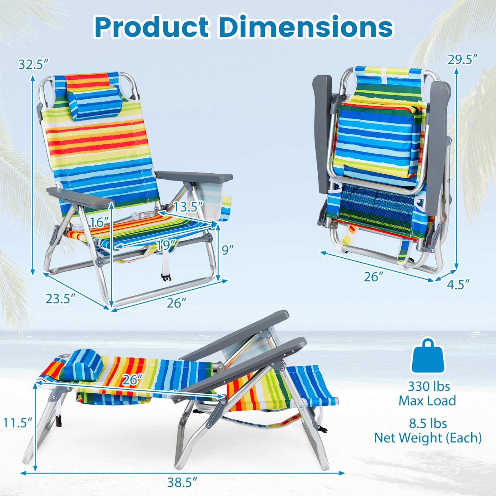 SUGIFT Set of 2 Yellow Reclining Backpack Beach Chairs with Cooler Pouch and Headrest
