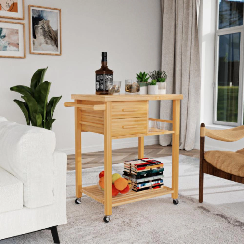 Hivvago Bamboo Kitchen Trolley Cart with Tower Rack and Drawers