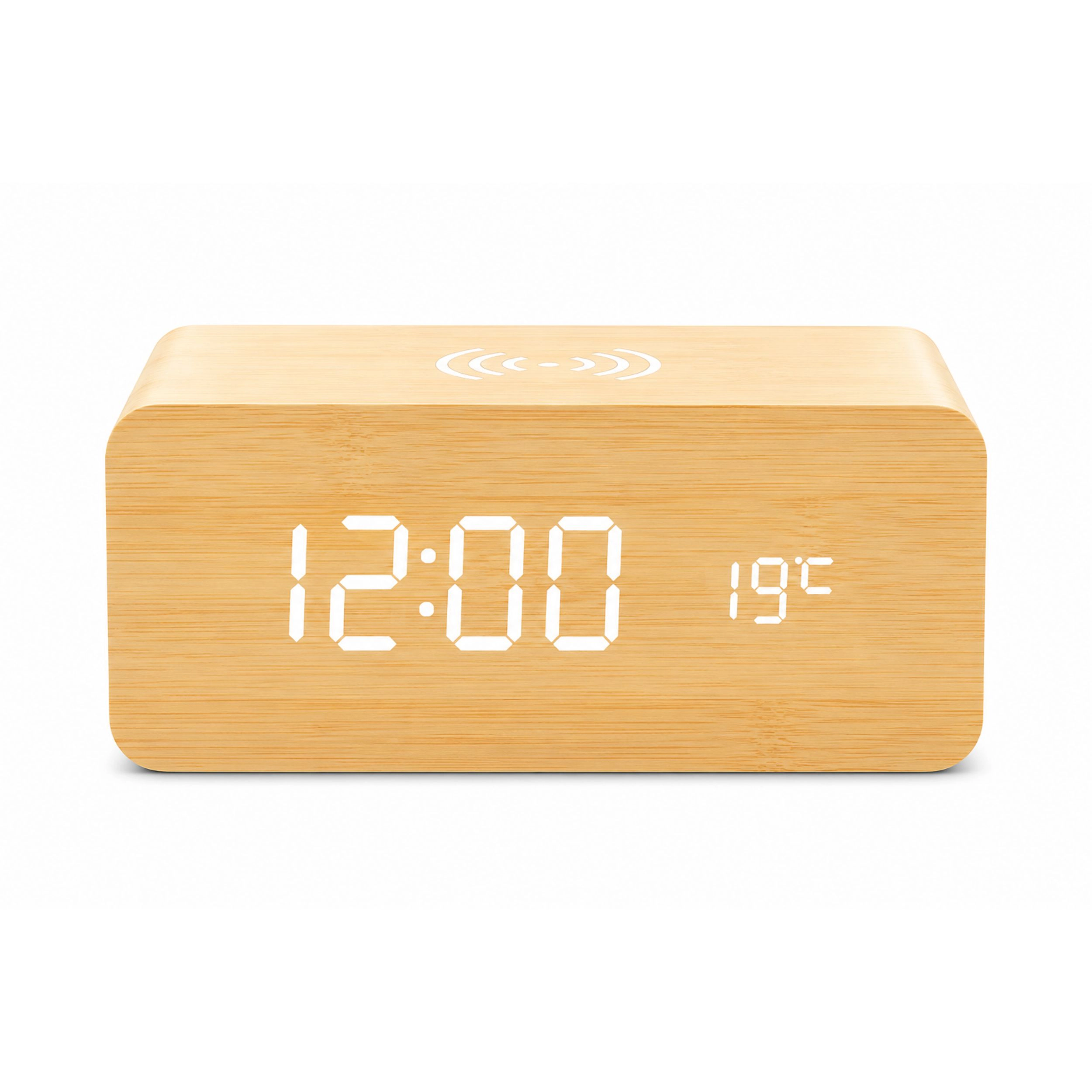 Home Collection Wooden LED Alarm Clock with Qi Wireless Charger & Thermometer