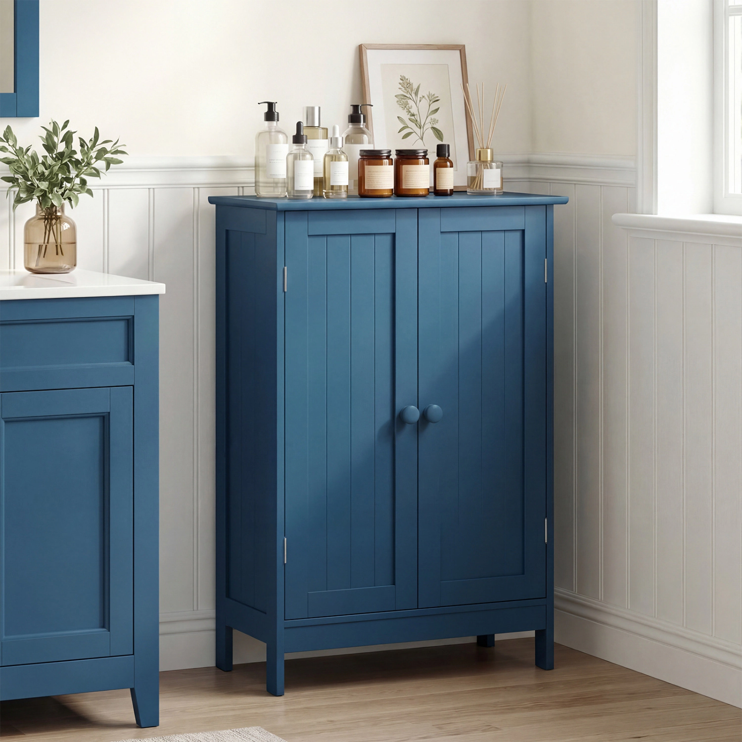 Glintex 2-Door Wooden Cabinet with Waterproof Paint and Round Knobs, Navy Blue