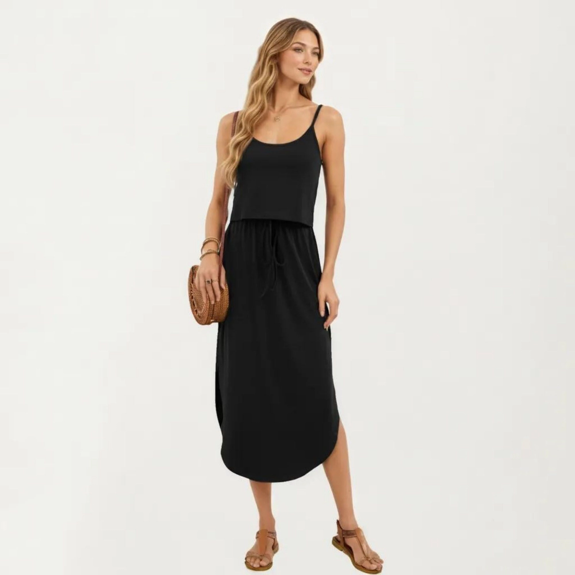 Anna-Kaci Women's Sleeveless Spaghetti Straps Adjustable Drawstring Waist Fit Midi Dress