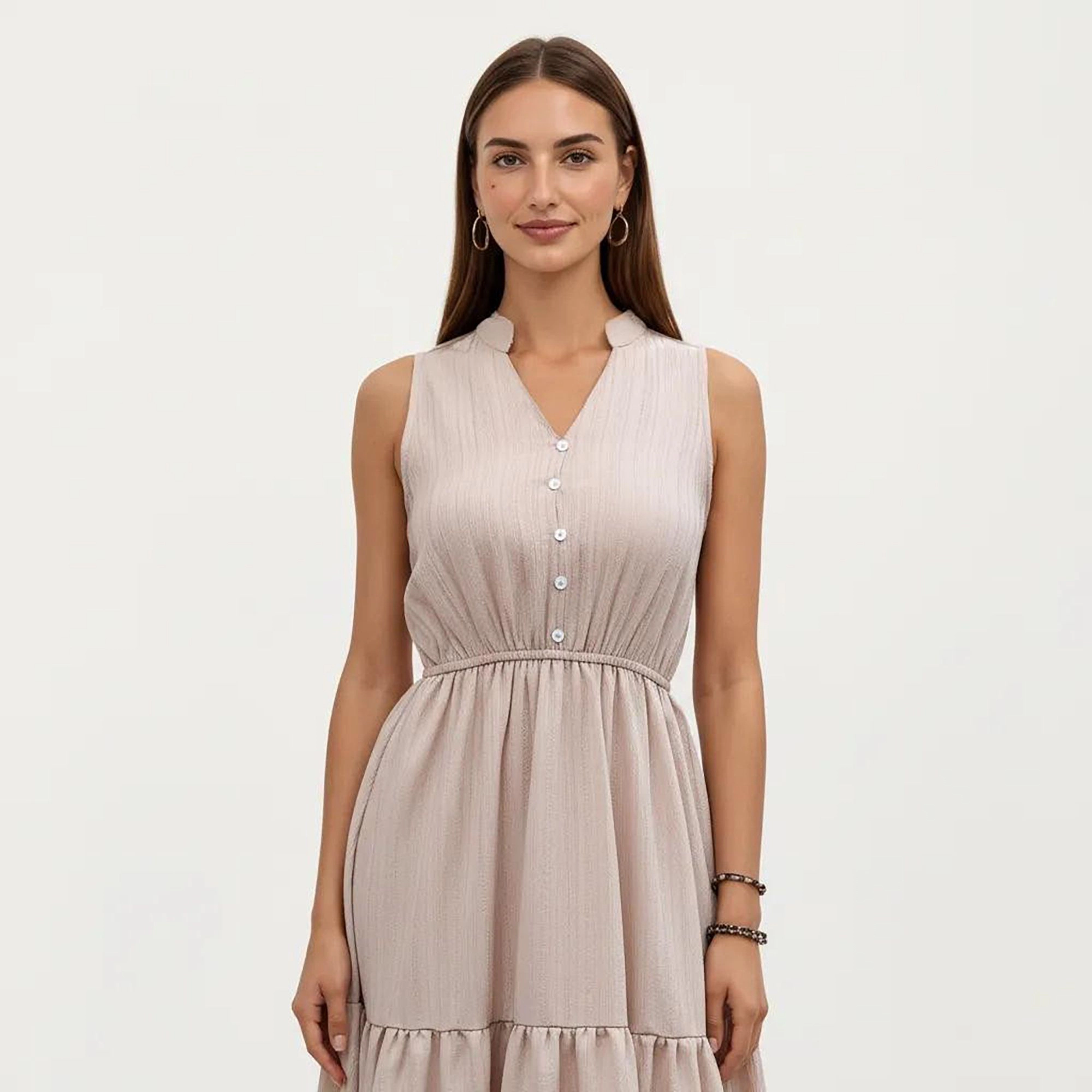 Anna-Kaci Women's Sleeveless Tiered Button Front V-Neck Elastic Waist Maxi Dress