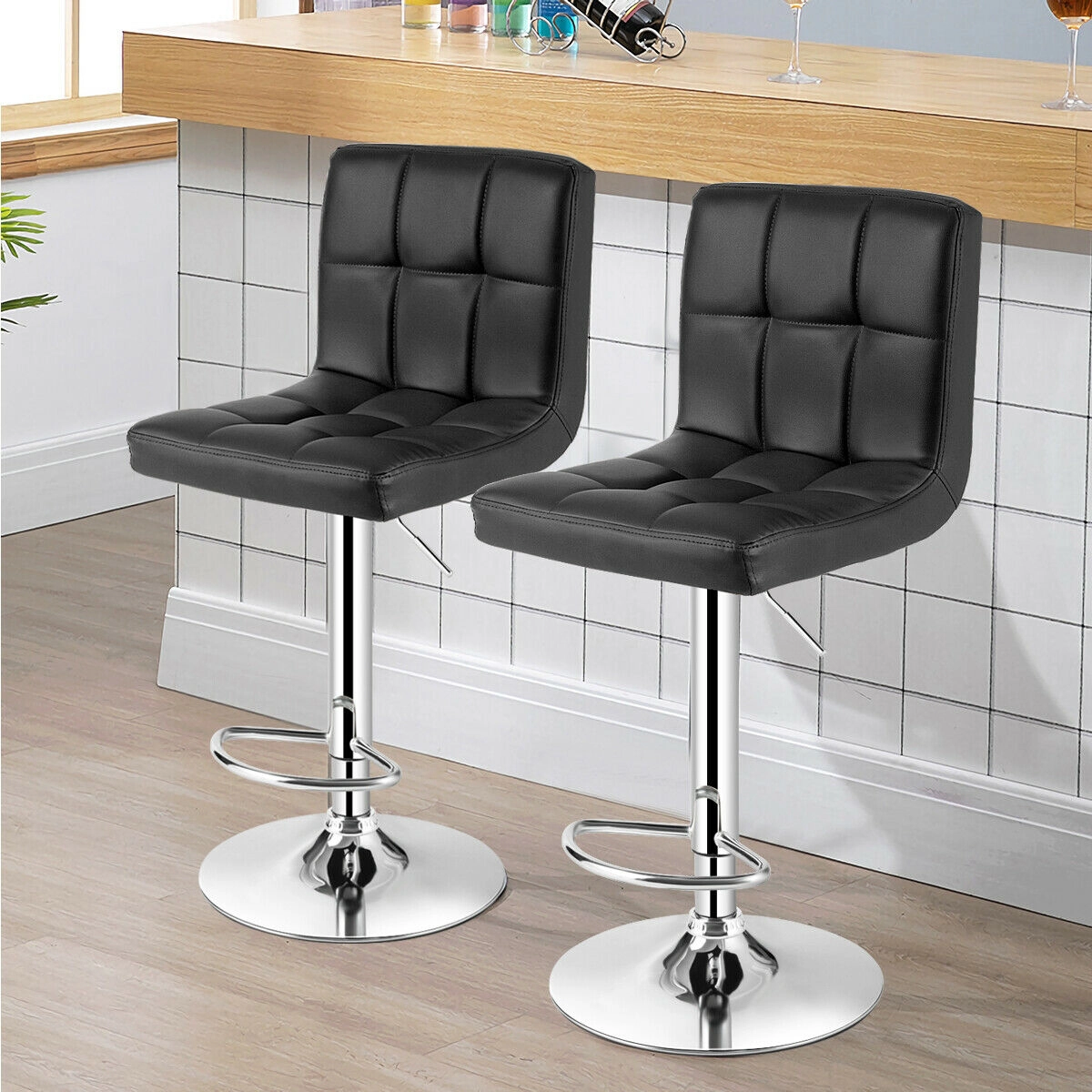 SUGIFT PU Leather Back and Footrest Set of 2 Square Swivel Adjustable Bar Stools