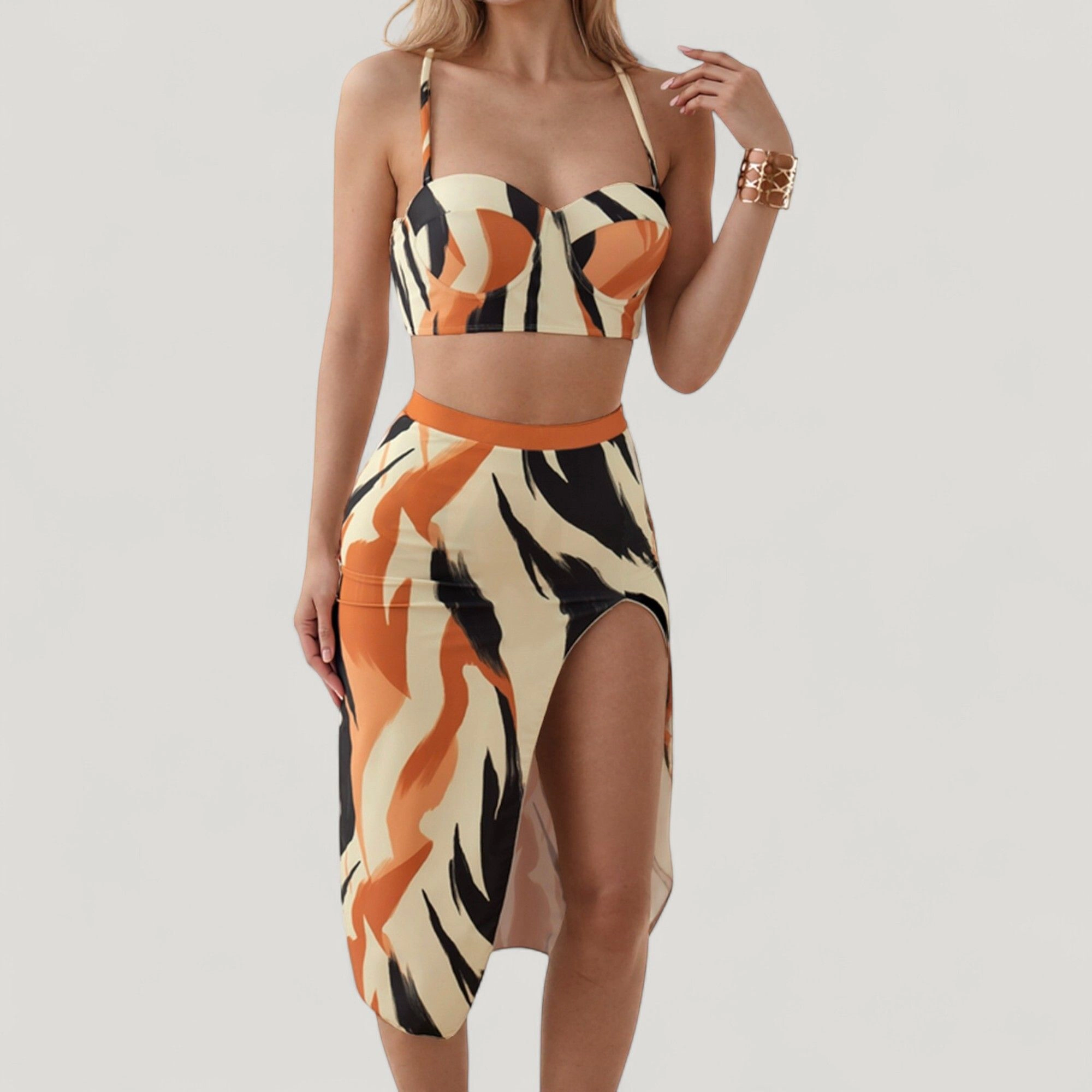 Anna-Kaci Women's 3-Piece Swimsuit Set with Bikini Top High Waist Bottom and Matching Side Slit Skirt Cover-Up