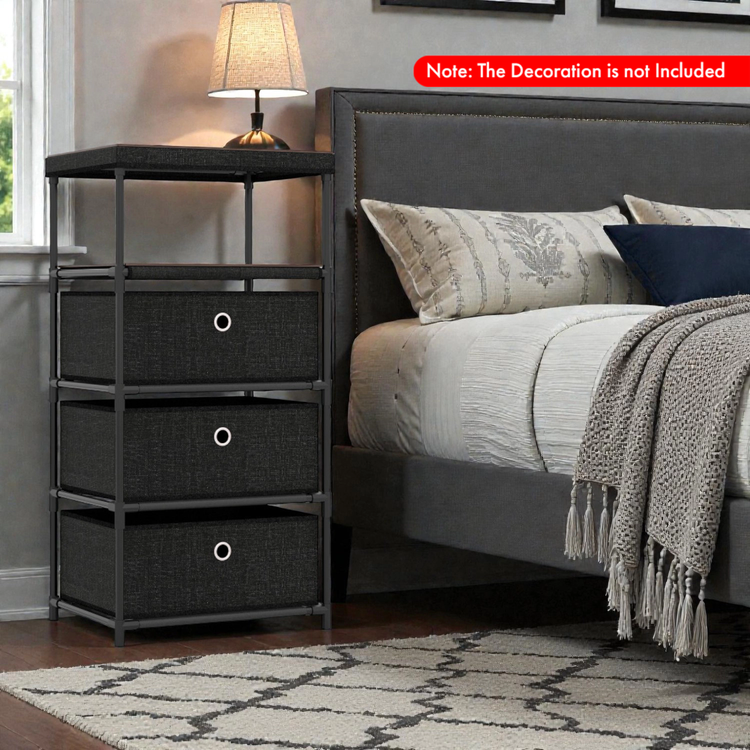 Hivvago Compact 3/4-Drawer Dresser Featuring Fabric Storage, Wood Top, and Metal Frame