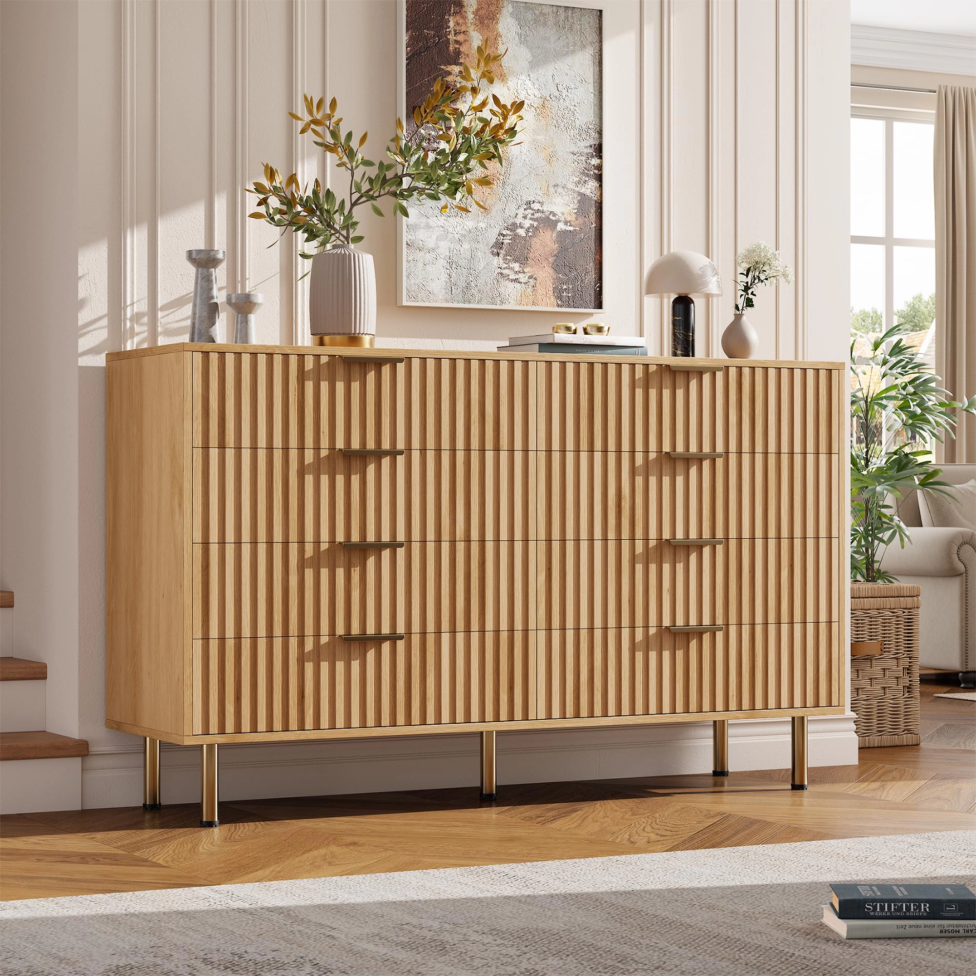 Fluted 8 Drawer Modern Dresser, 55" Wide Wooden Storage Organizer for Bedroom Living Room Hallway