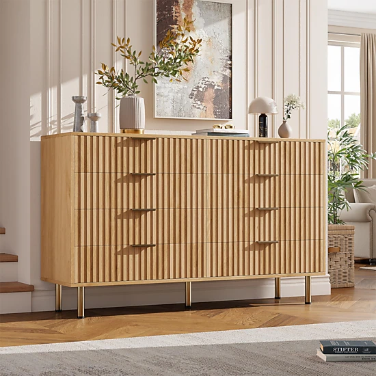 Fluted 8 Drawer Modern Dresser, 55" Wide Wooden Storage Organizer for Bedroom Living Room Hallway
