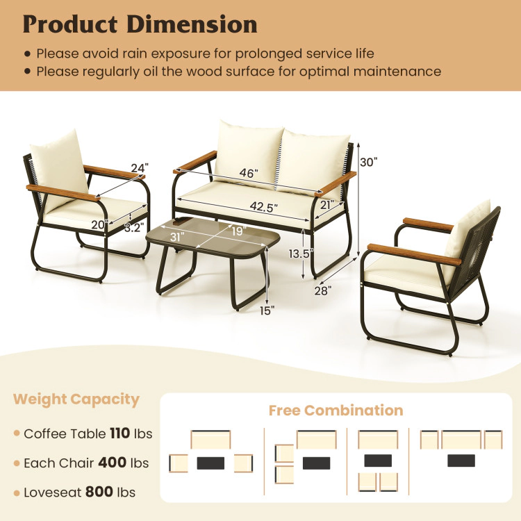 Hivvago 4 Pieces Patio Furniture Set With Tempered Glass Coffee Table