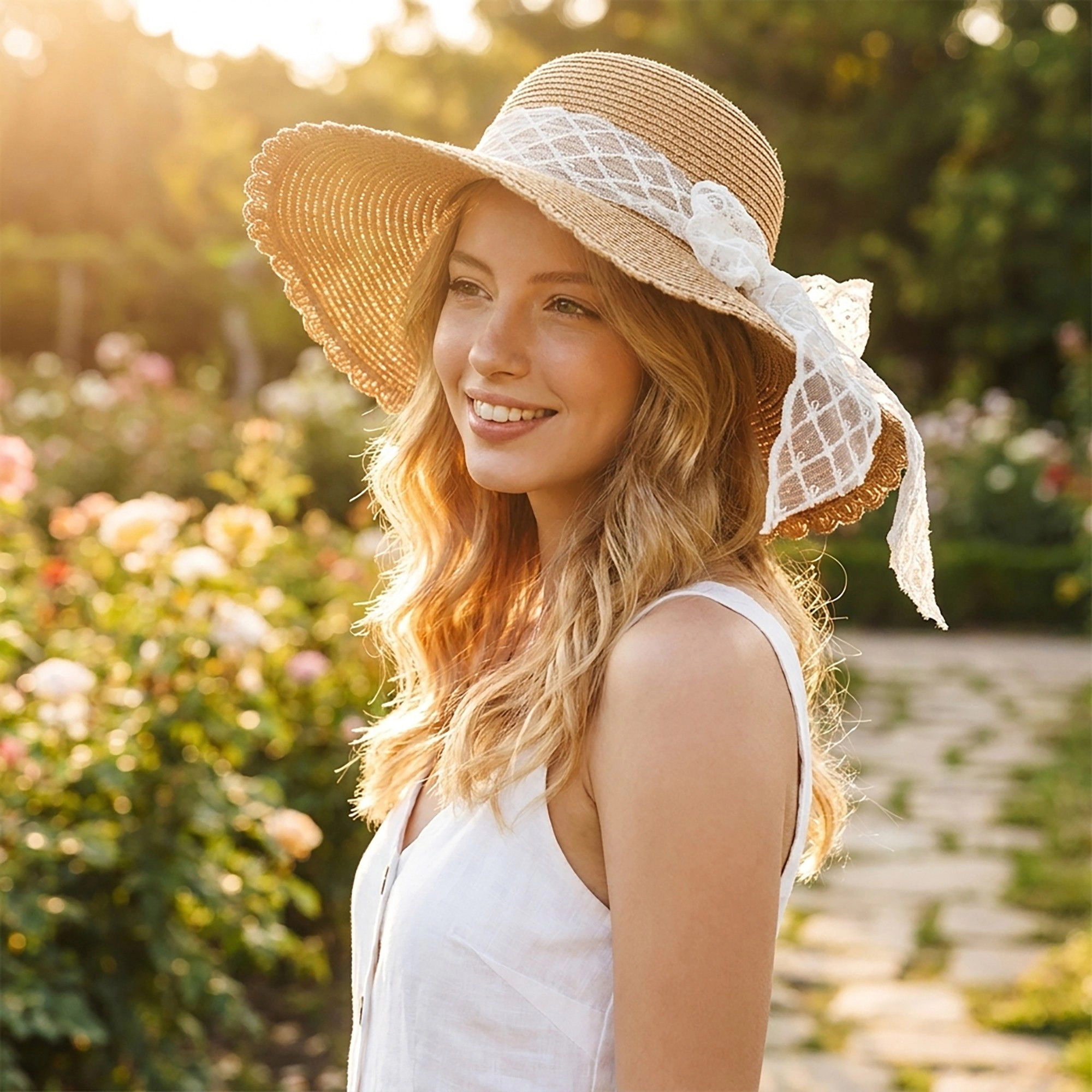 Anna-Kaci Women's Wide Brim Straw Sun Hat with Sheer Bow Accent and Scalloped Edge