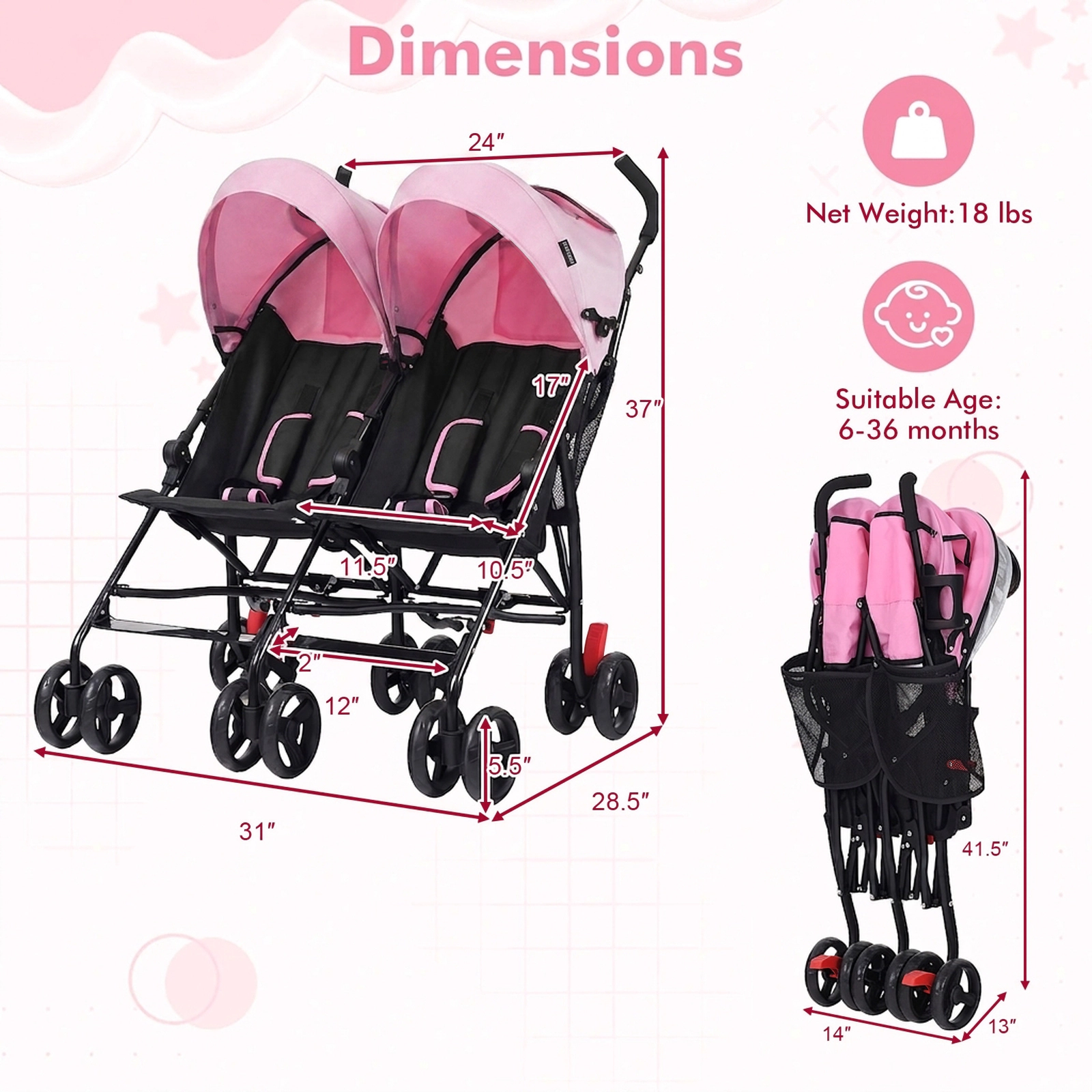 SUGIFT Foldable Twin Umbrella Double Stroller 35-lb Capacity Per Seat Ages 7-36 Months Black/Pink