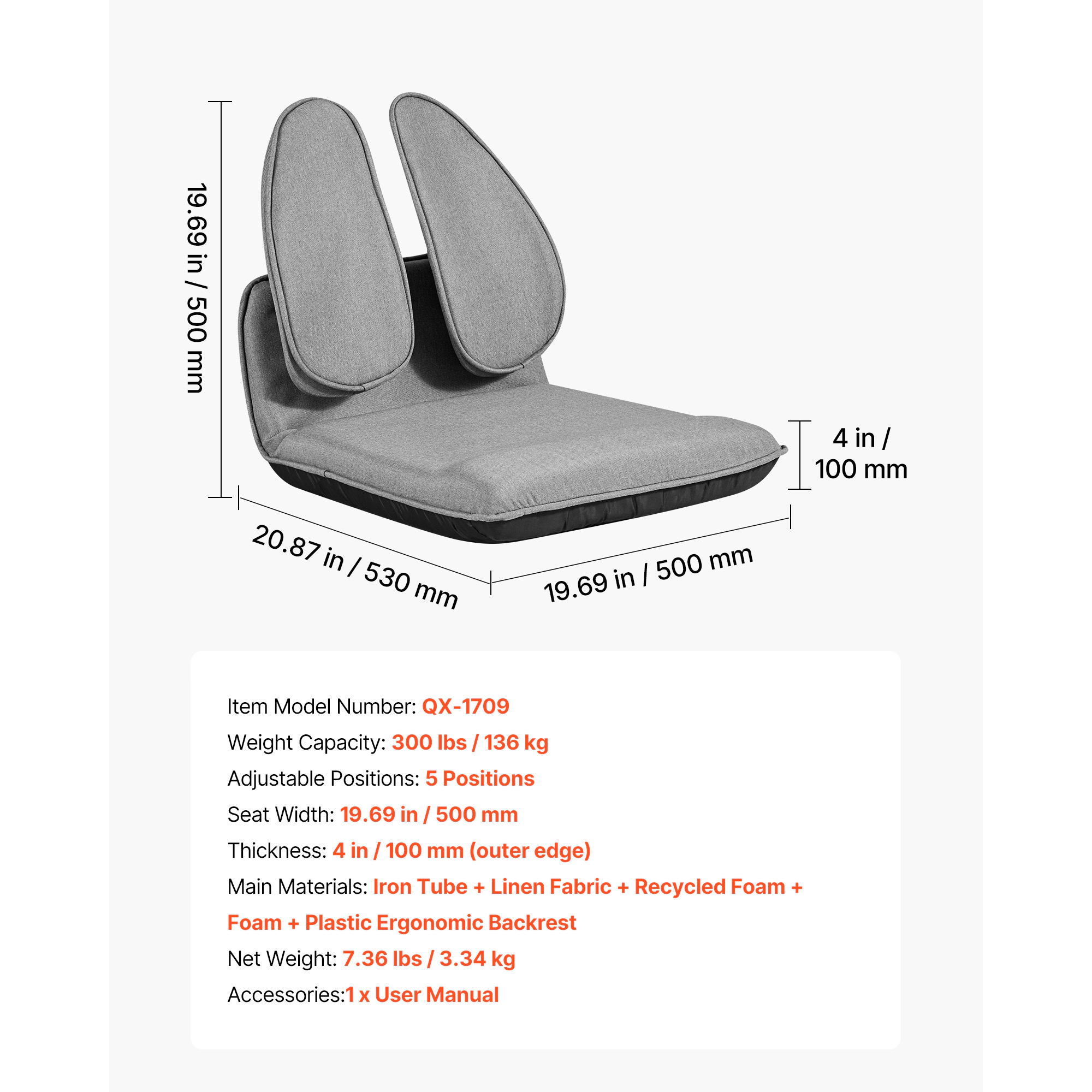 HONGGE Floor Chair 5 Adjustable Positions Folding Floor Gaming Chair with Ergonomic Back Support Sturdy Metal Frame