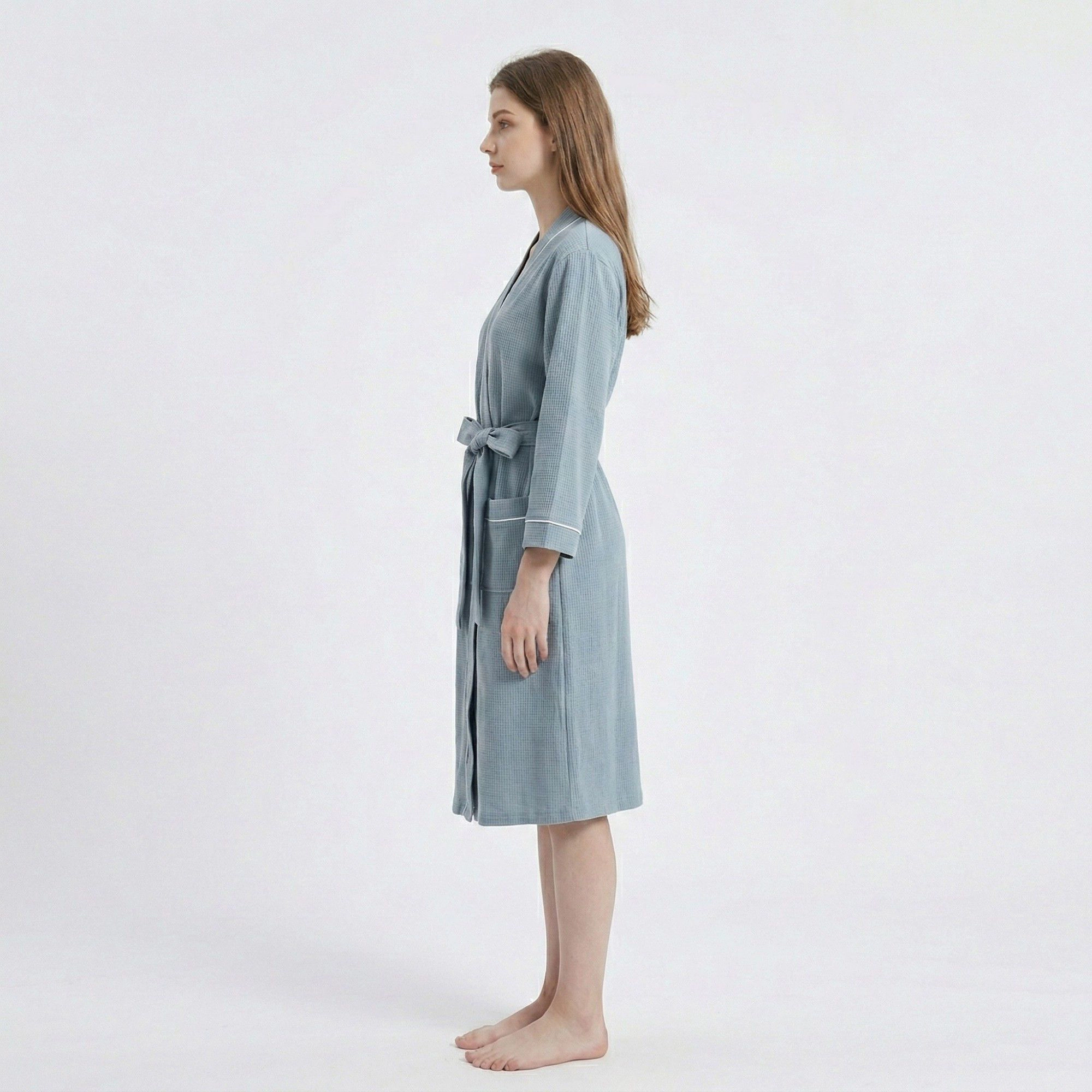 Anna-Kaci Women's Waffle Knit Long Sleeve Bathrobe with Adjustable Waist Tie Belt and Front Patch Pockets