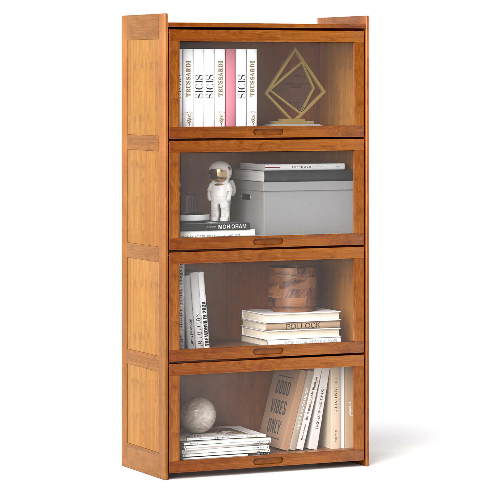 SUGIFT 4-Tier 55-in Tall Bamboo Bookshelf with Clear Acrylic Flip Doors and Anti-Tipping Kit for Study