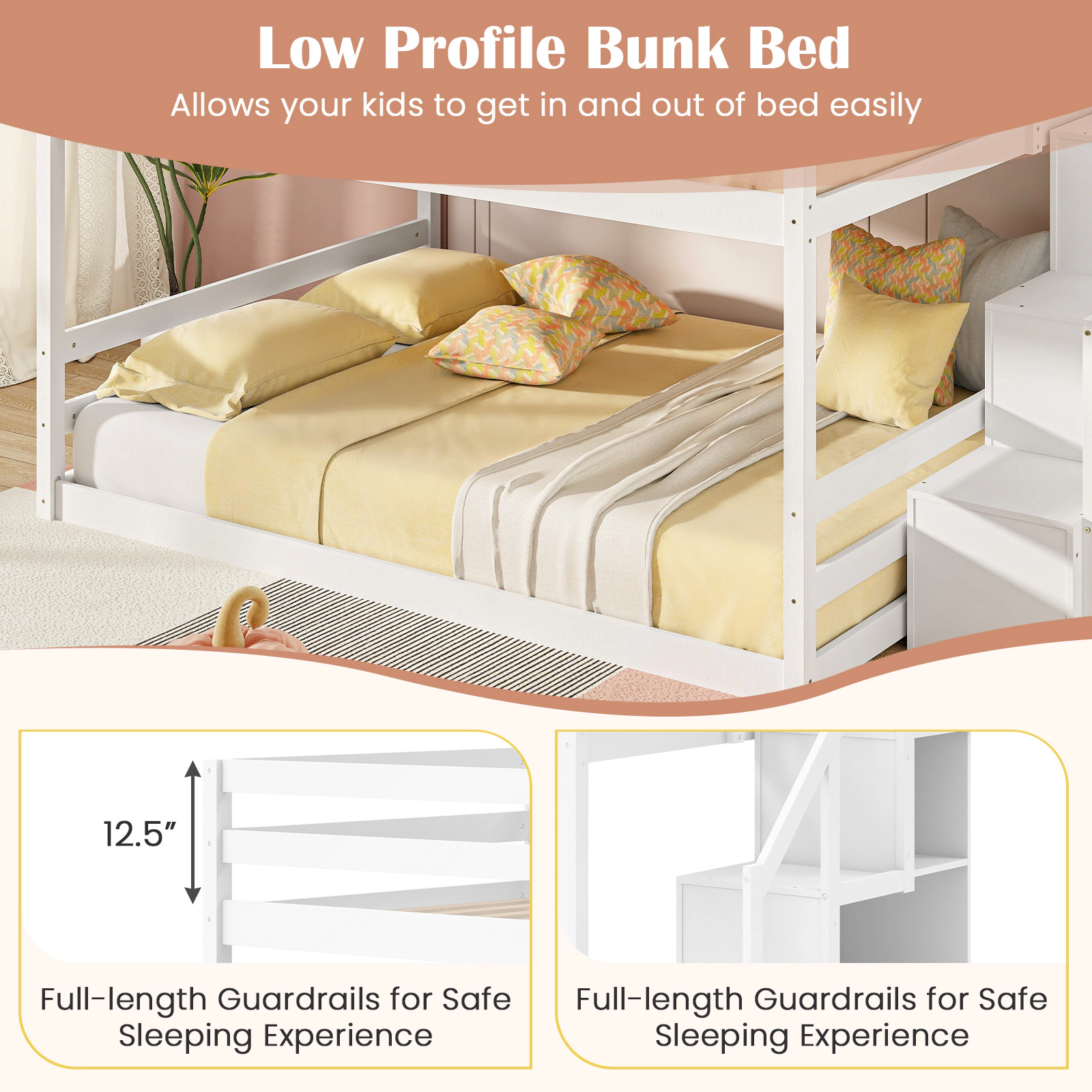 SUGIFT Full-Over-Full Low Bunk Bed with Storage Stairs, Handrails, White