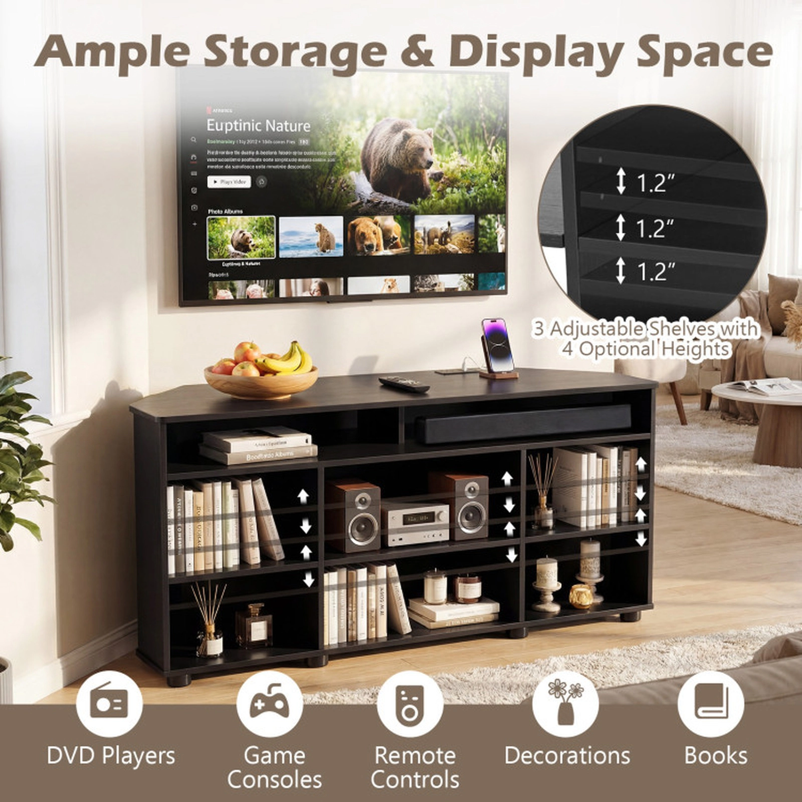 SUGIFT Corner Entertainment Center TV Stand with Charging Station 90-lb Tabletop Capacity for TVs up to 55 Inch Black