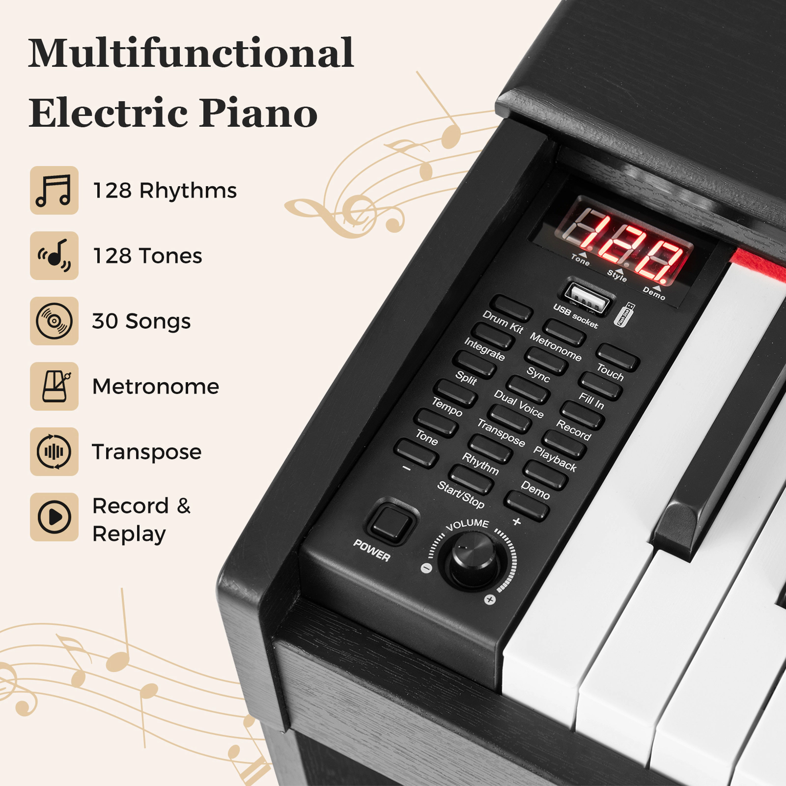 SUGIFT Black 88-Key Hammer Action Weighted Digital Piano with Furniture Stand and Triple Pedals 53-in W 29-in H