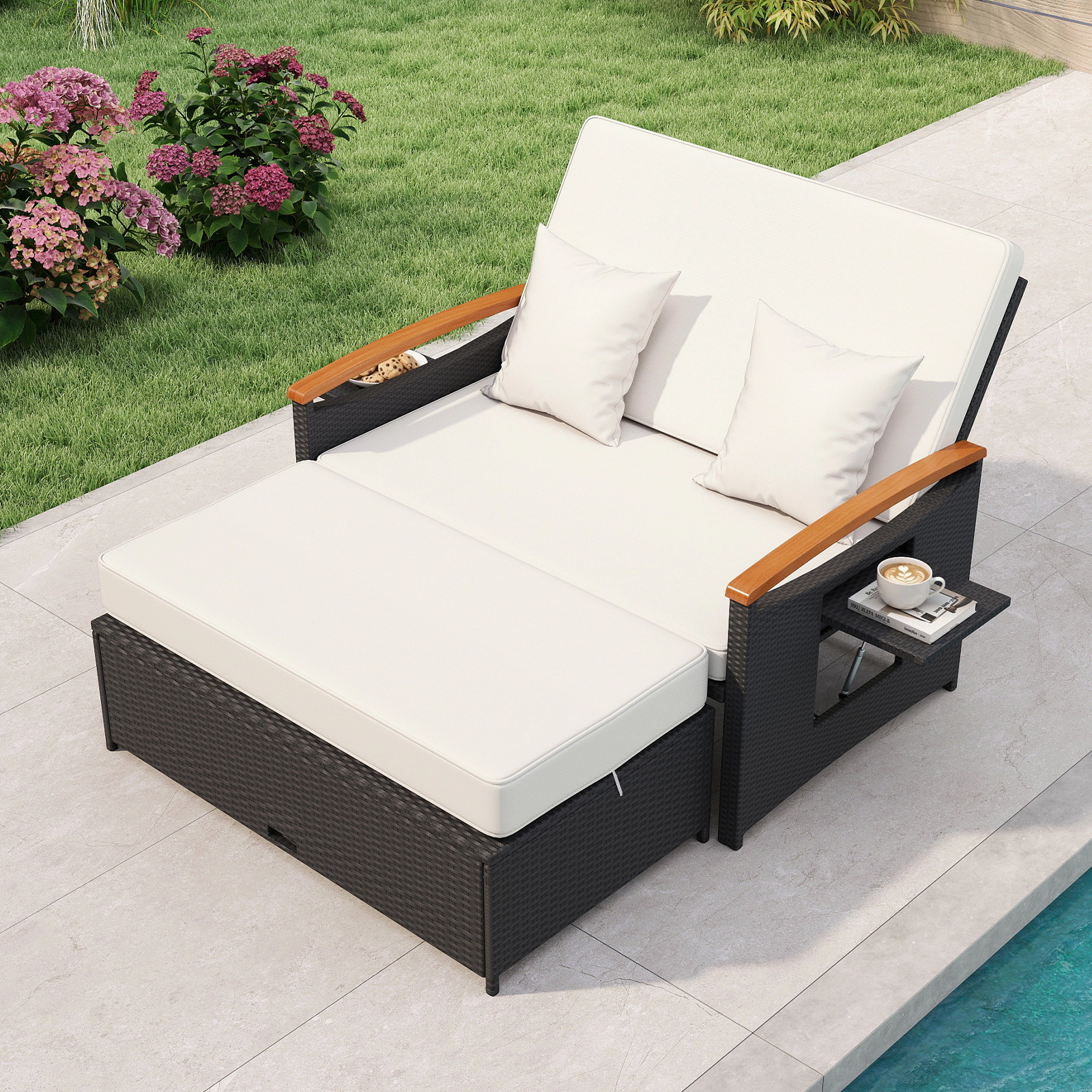 SUGIFT White PE Rattan Outdoor Loveseat and Storage Ottoman Set, Adjustable Patio Daybed