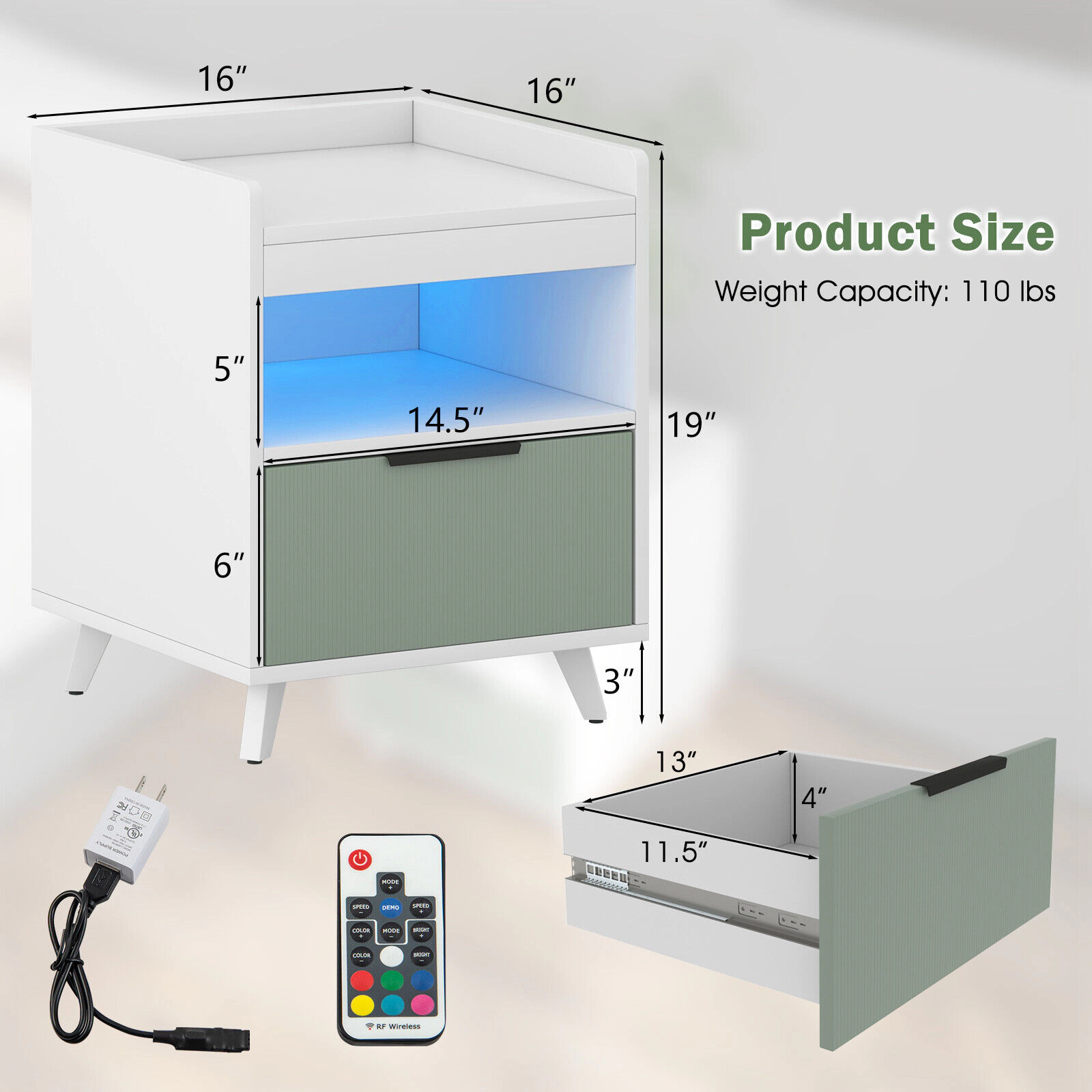 Glintex LED Nightstand with Silent Drawer Slides and 50-Ft Remote Range, White