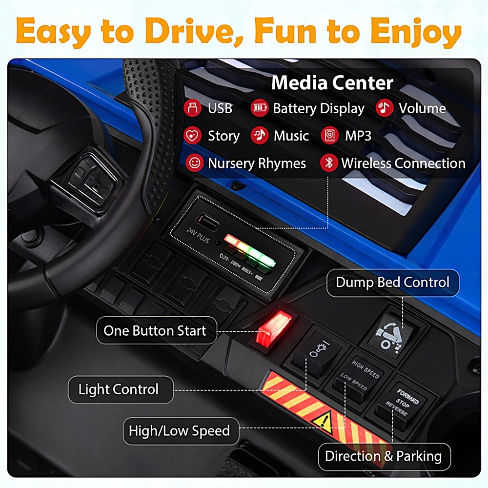 SUGIFT Power Dump Bed and LED Lights 24V 2-Seater Kids Ride On Truck 4WD