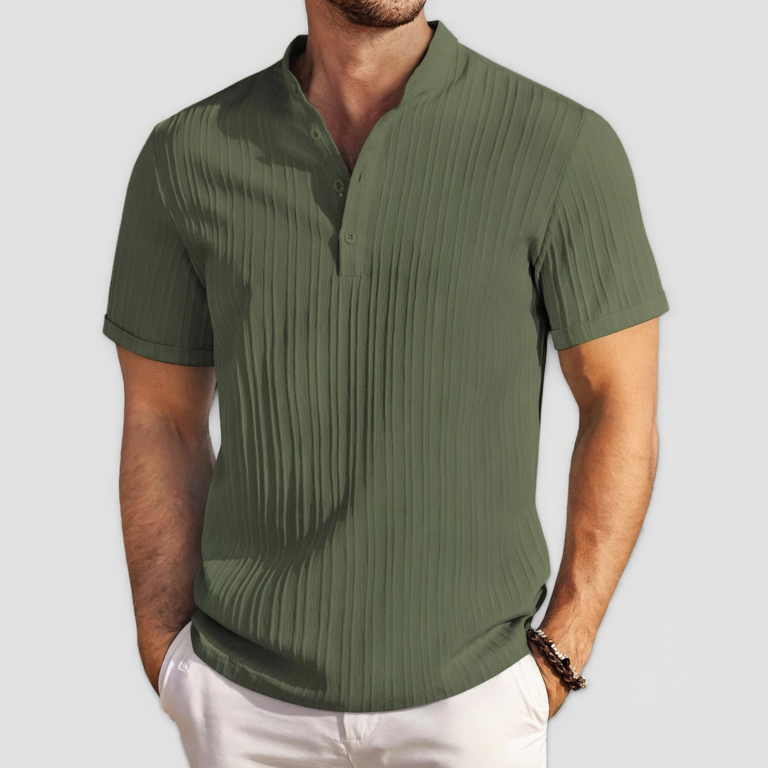 COOFANDY Mens  Solid Short Sleeve Henley Shirts V Neck Pleated Casual Tops
