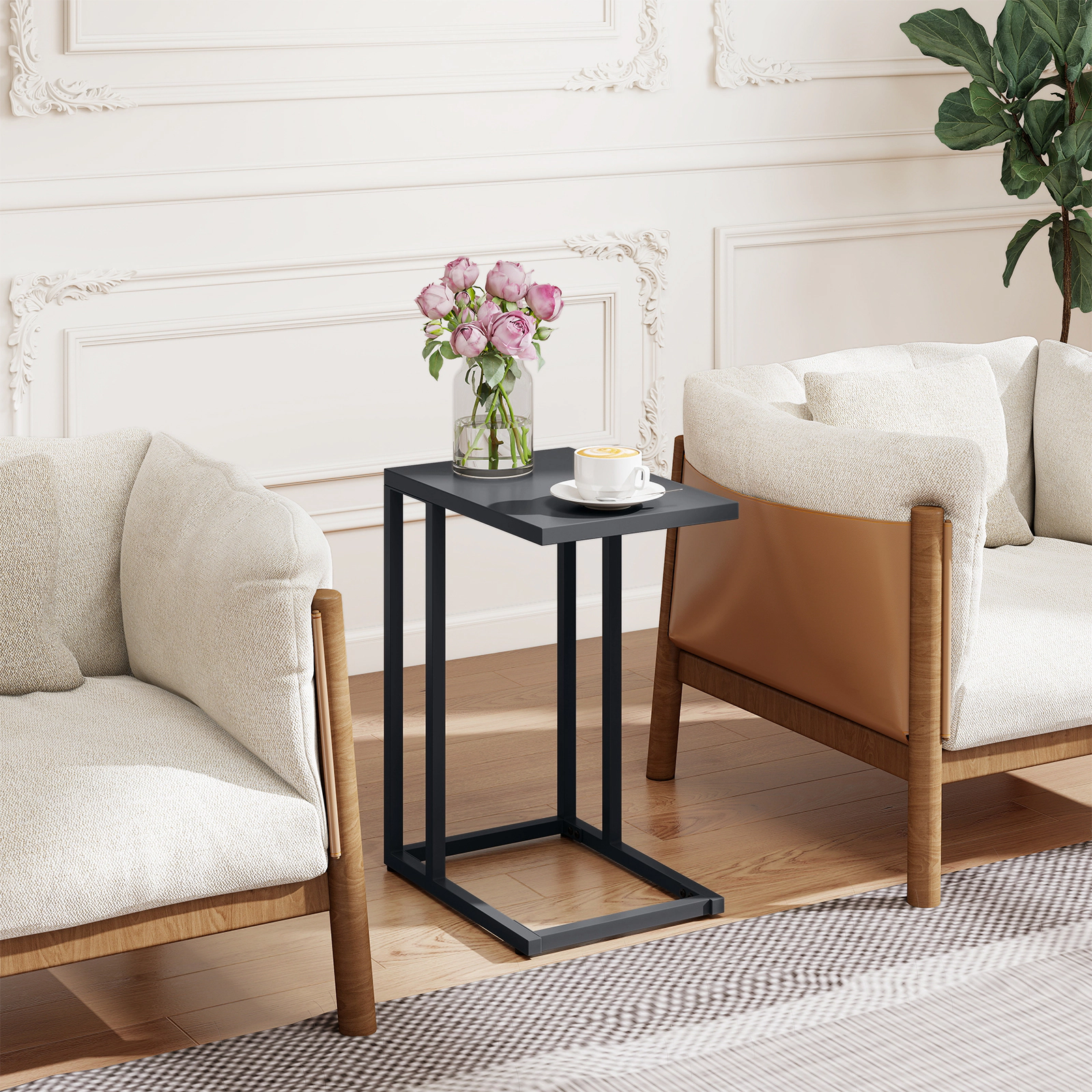 Glintex All-Metal C-Shaped Side Table with Reinforced Crossbars and Adjustable Pads, Dark Gray