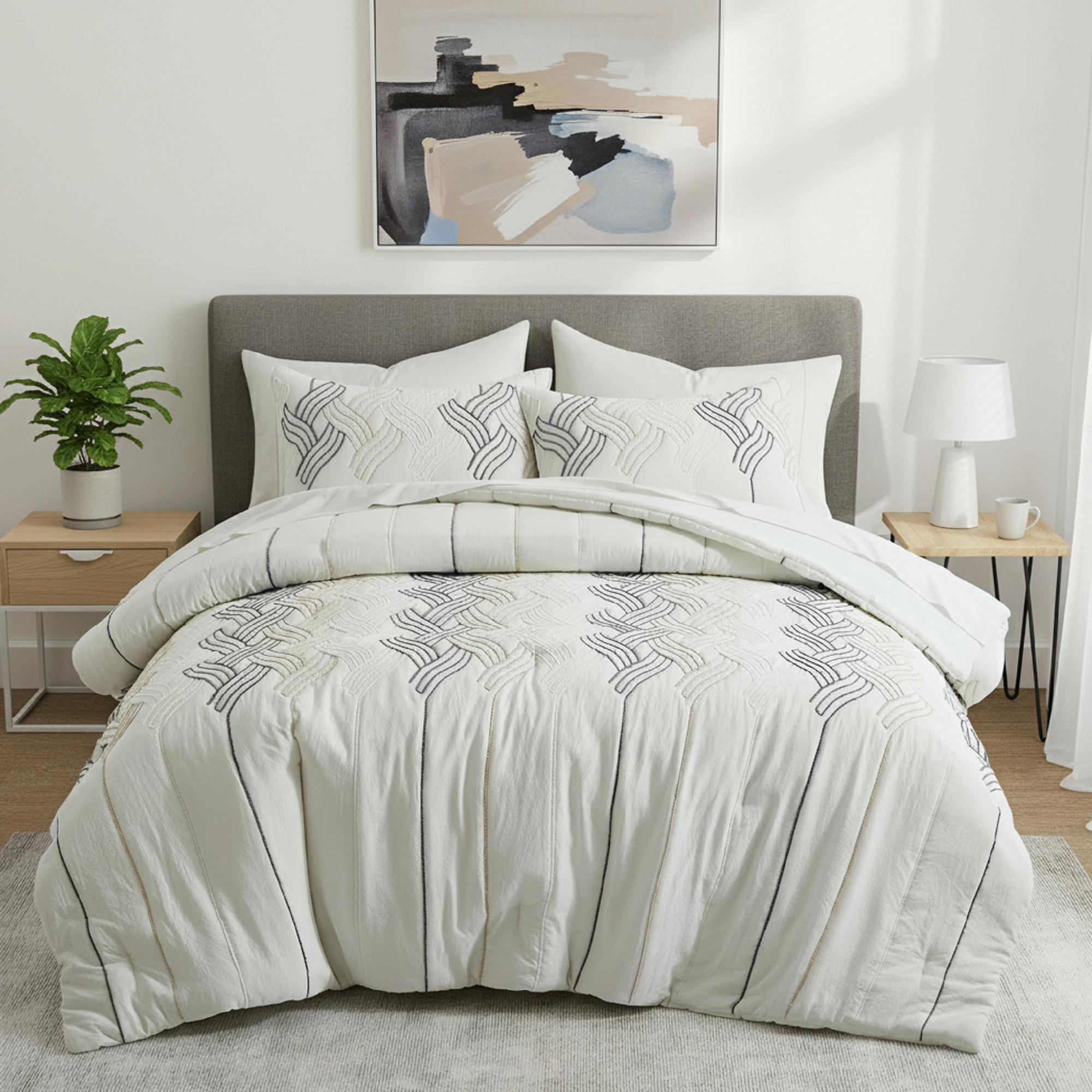 Unikome All Season Rope Embroidery Comforter Set, Elegant Quilted Down Alternative Bedding Set
