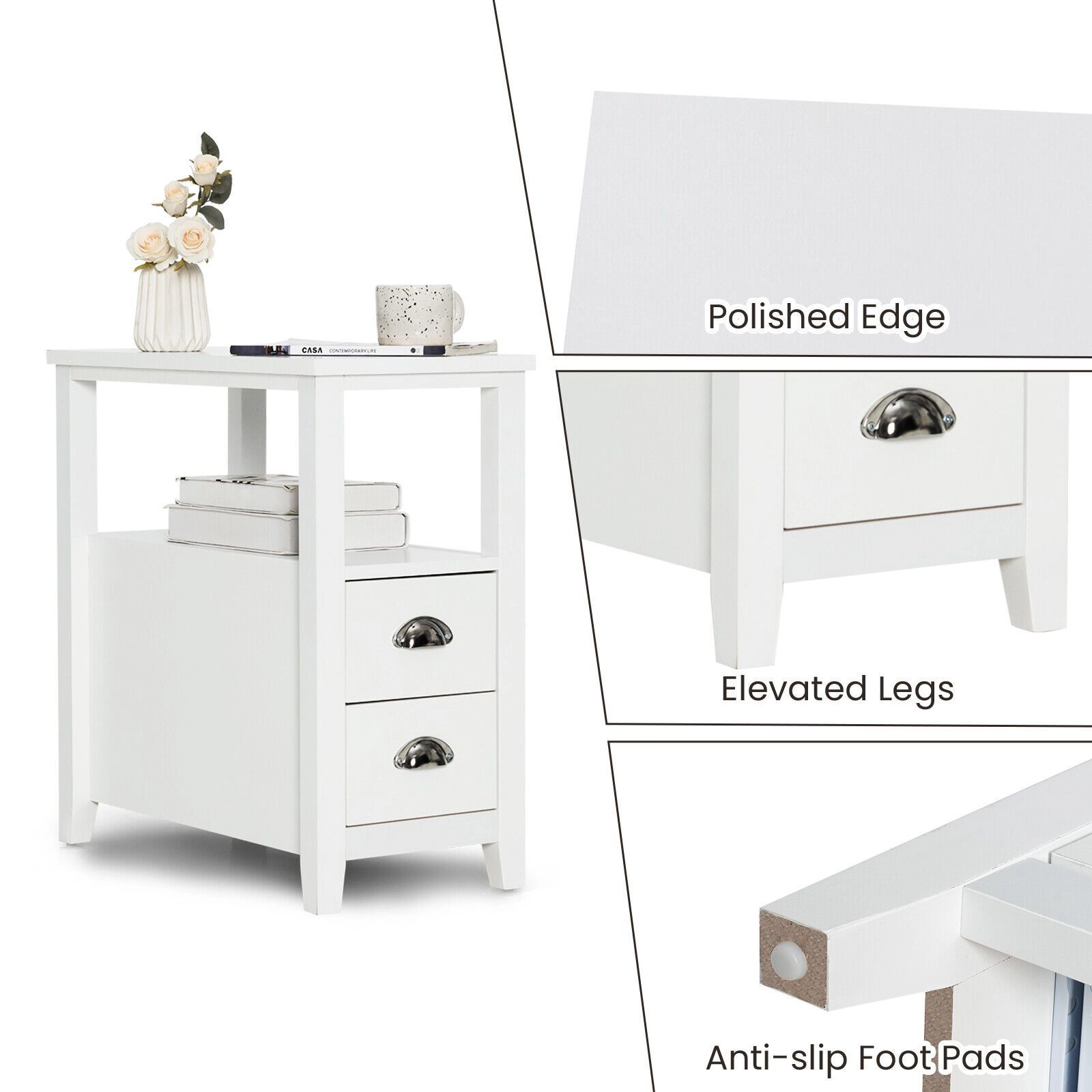 SlickBlue Set of 2 Compact Side Table with Drawers and Tier Shelves