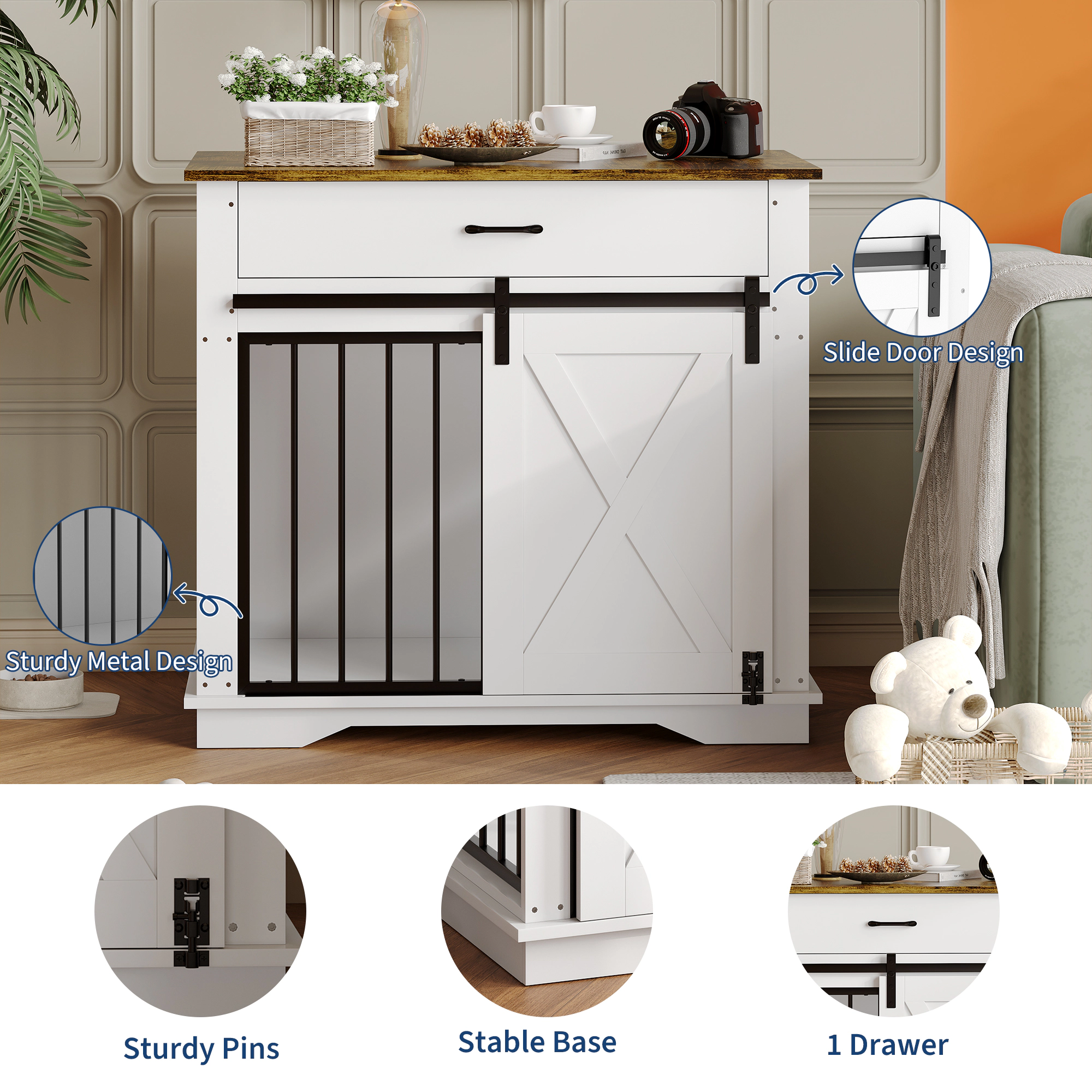 38" Farmhouse Style Dog Crate Furniture with Sliding Barn Door, Storage Drawer & Pet Cage Side Table