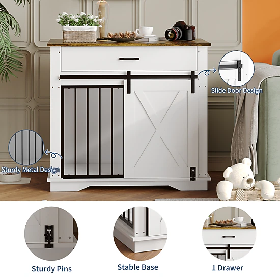 38" Farmhouse Style Dog Crate Furniture with Sliding Barn Door, Storage Drawer & Pet Cage Side Table