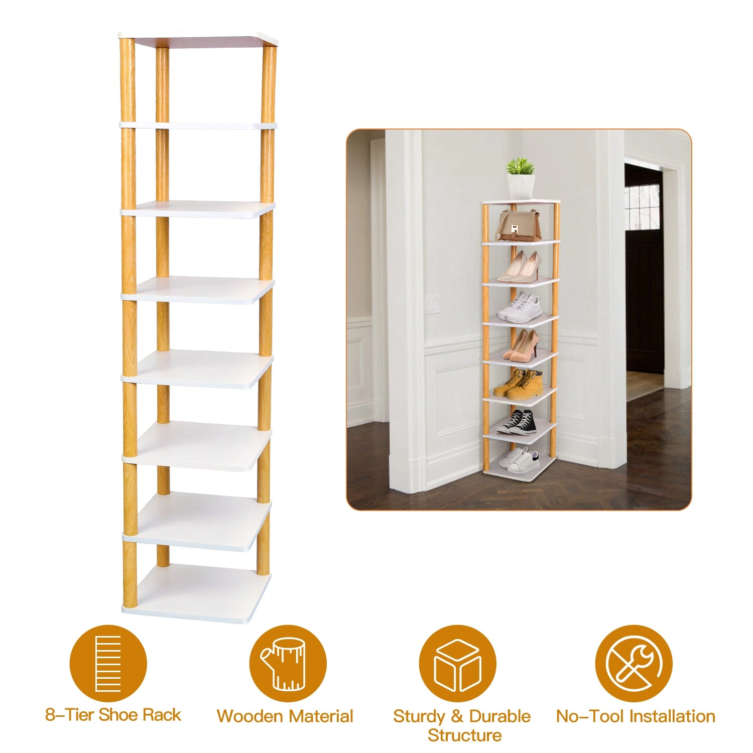 NEW Home Unisex 8-Tier Wooden Shoe Rack Organizer