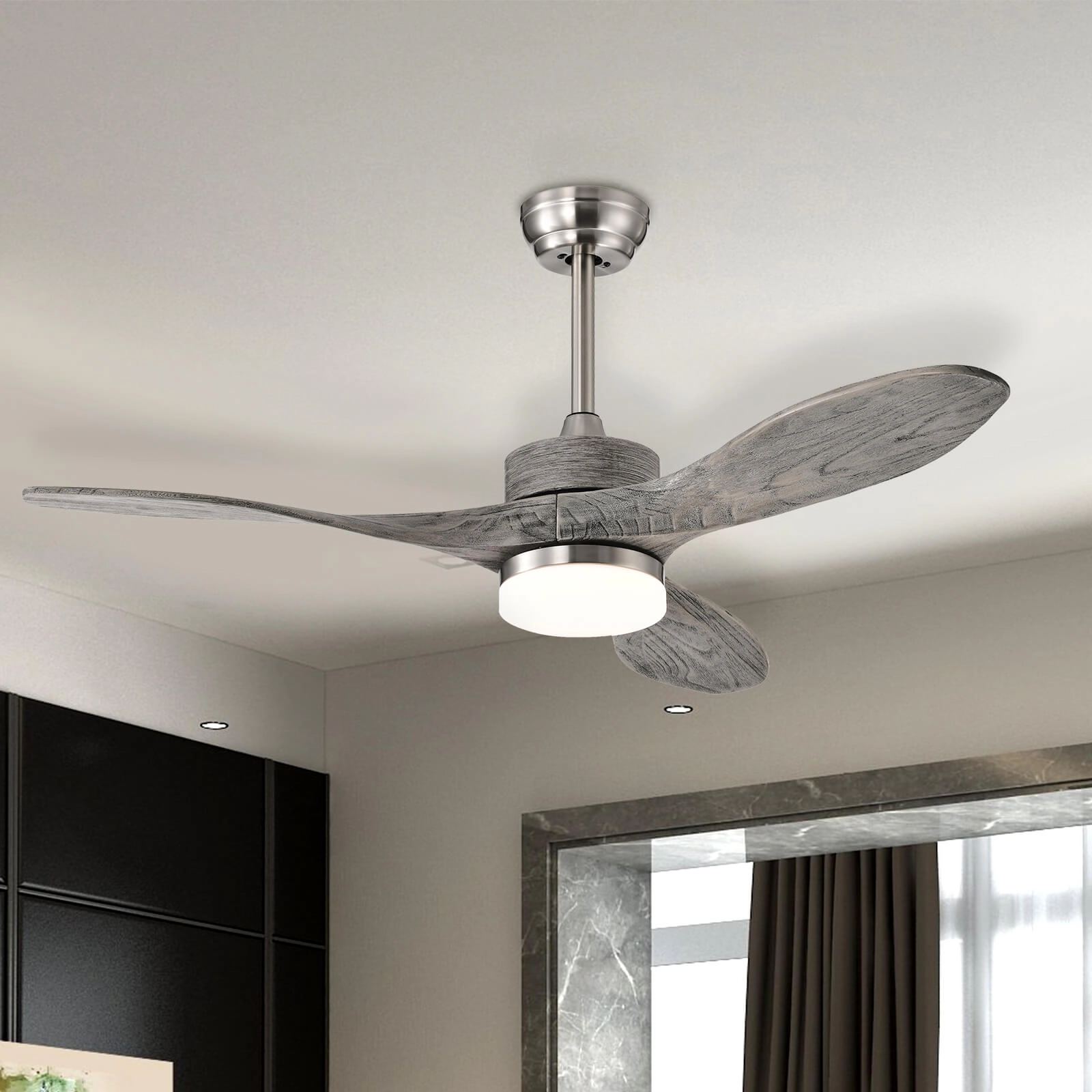 SUGIFT 48-in Wood Ceiling Fan with 18W LED Light 6-Speed DC Motor Remote 3 Paulownia Blades for 215-291 sq.ft Nickel